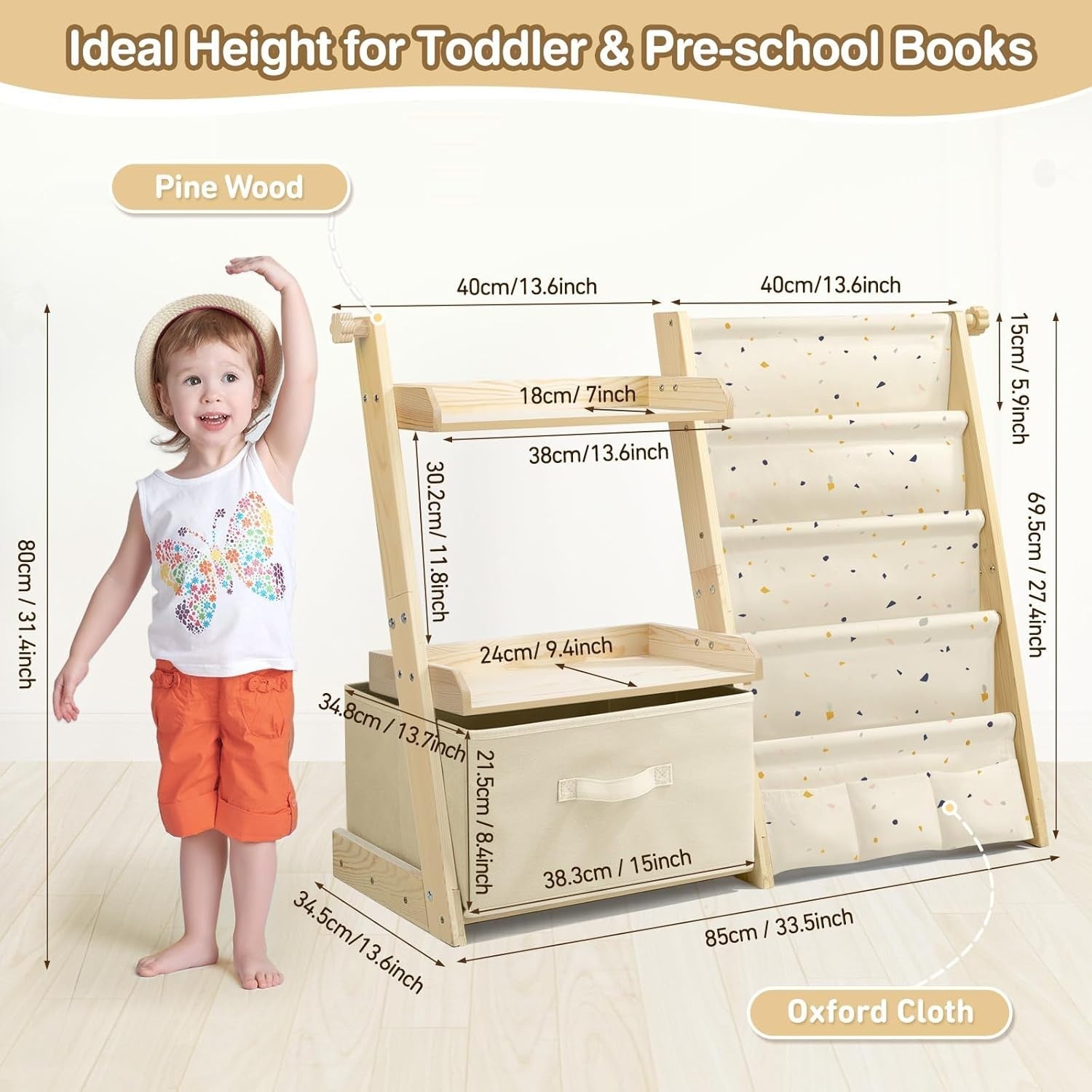 Terrazzo Kids Bookshelf & Toy Storage – 4-Tier Wooden Sling Shelf + Toy Box