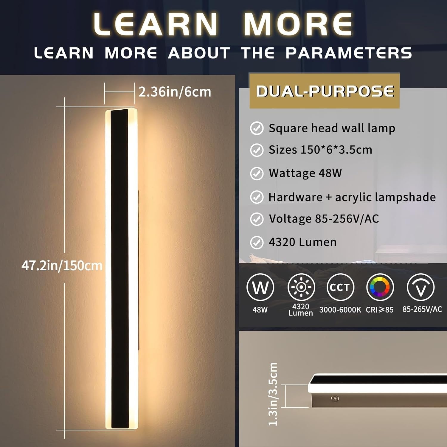 150cm Dimmable Outdoor LED Wall Light 3-Color Remote Control Modern Sconce
