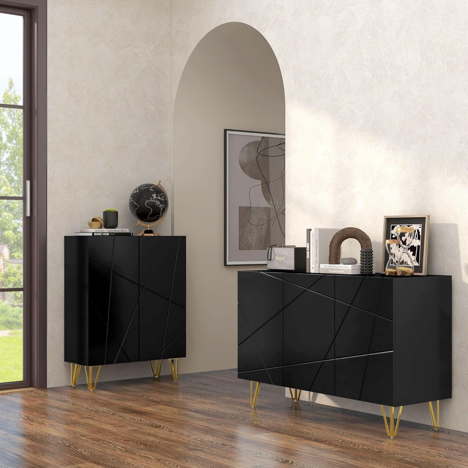 High Gloss Storage Cabinet with Adjustable Shelves Soft-Close Doors Black