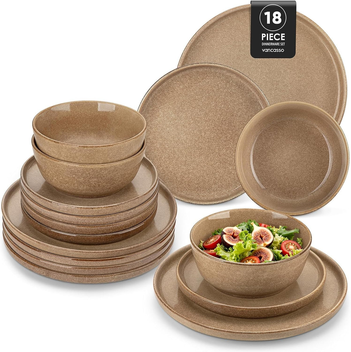 18pc Ceramic Dinner Set Caramel Plates Bowls Microwave Dishwasher Safe
