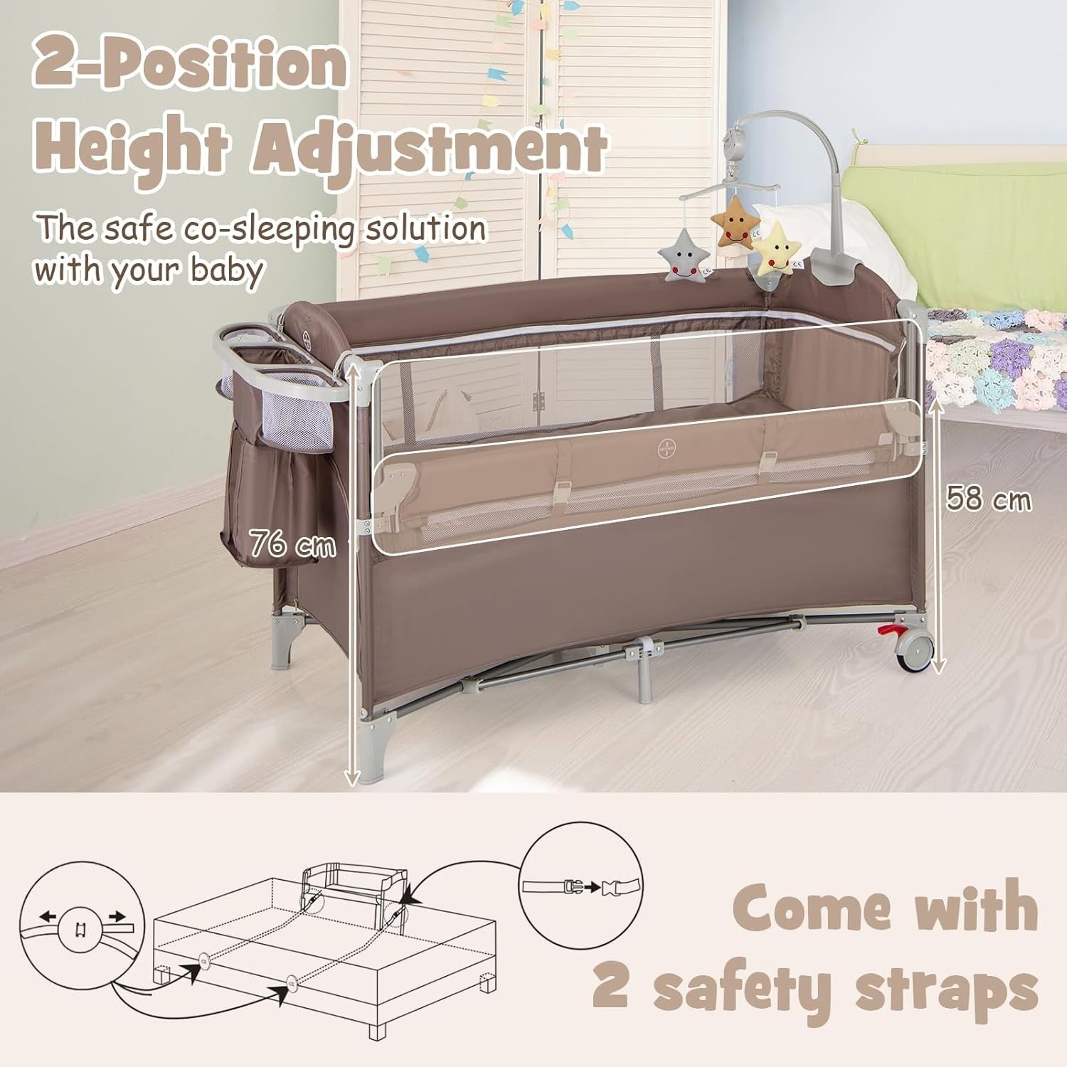5in1 Baby Travel Cot Bedside Crib Bassinet w/ Mattress Changer Music Toys Brown