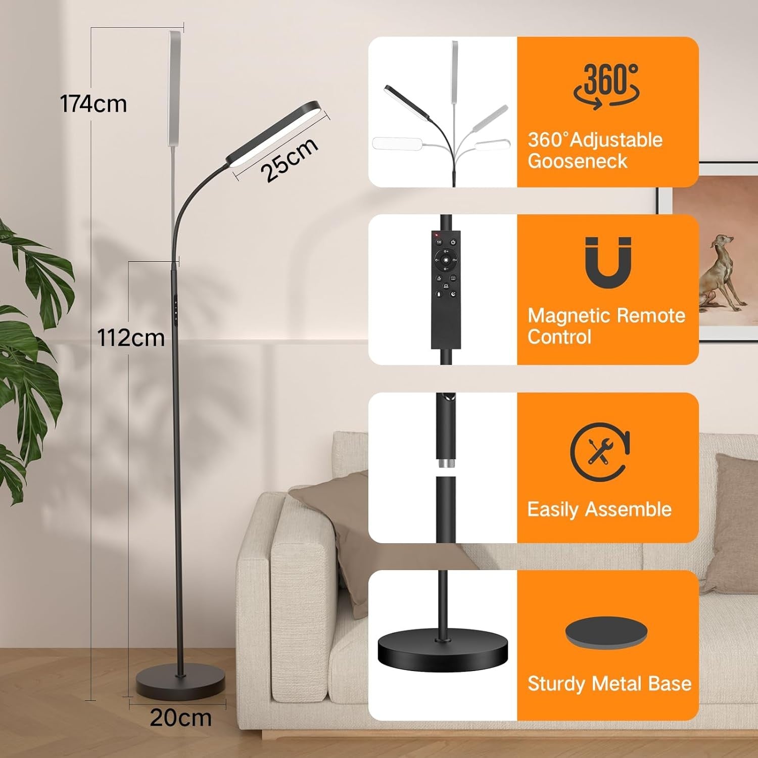 LED Floor Lamp Dimmable Gooseneck Reading Light Remote Touch