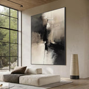 Large Framed Neutral Abstract Canvas Wall Art Black Beige 24x32in