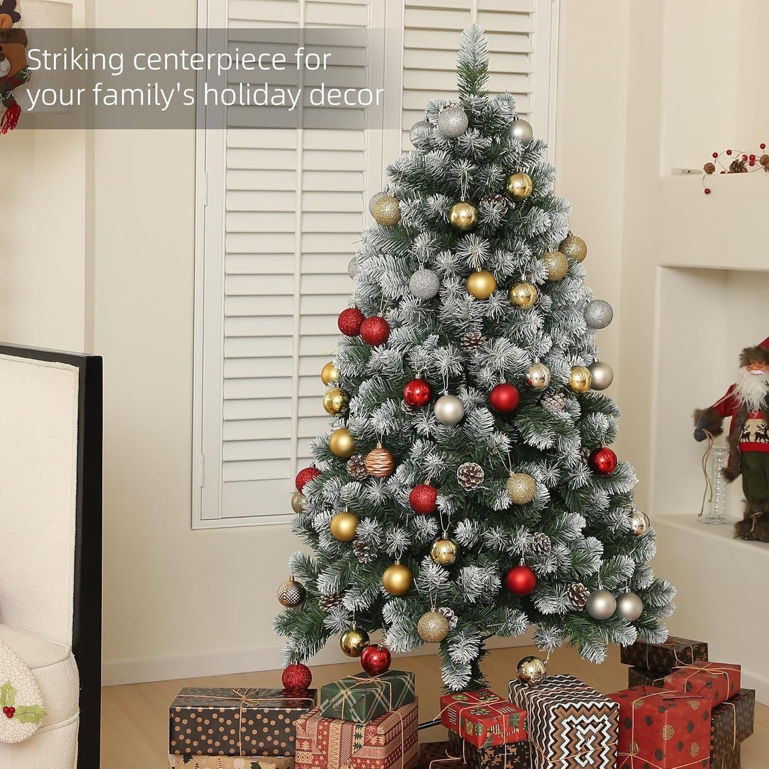 150cm Snow Dipped Pine Xmas Tree with Pinecones Hinged Branch Steel Base Decor