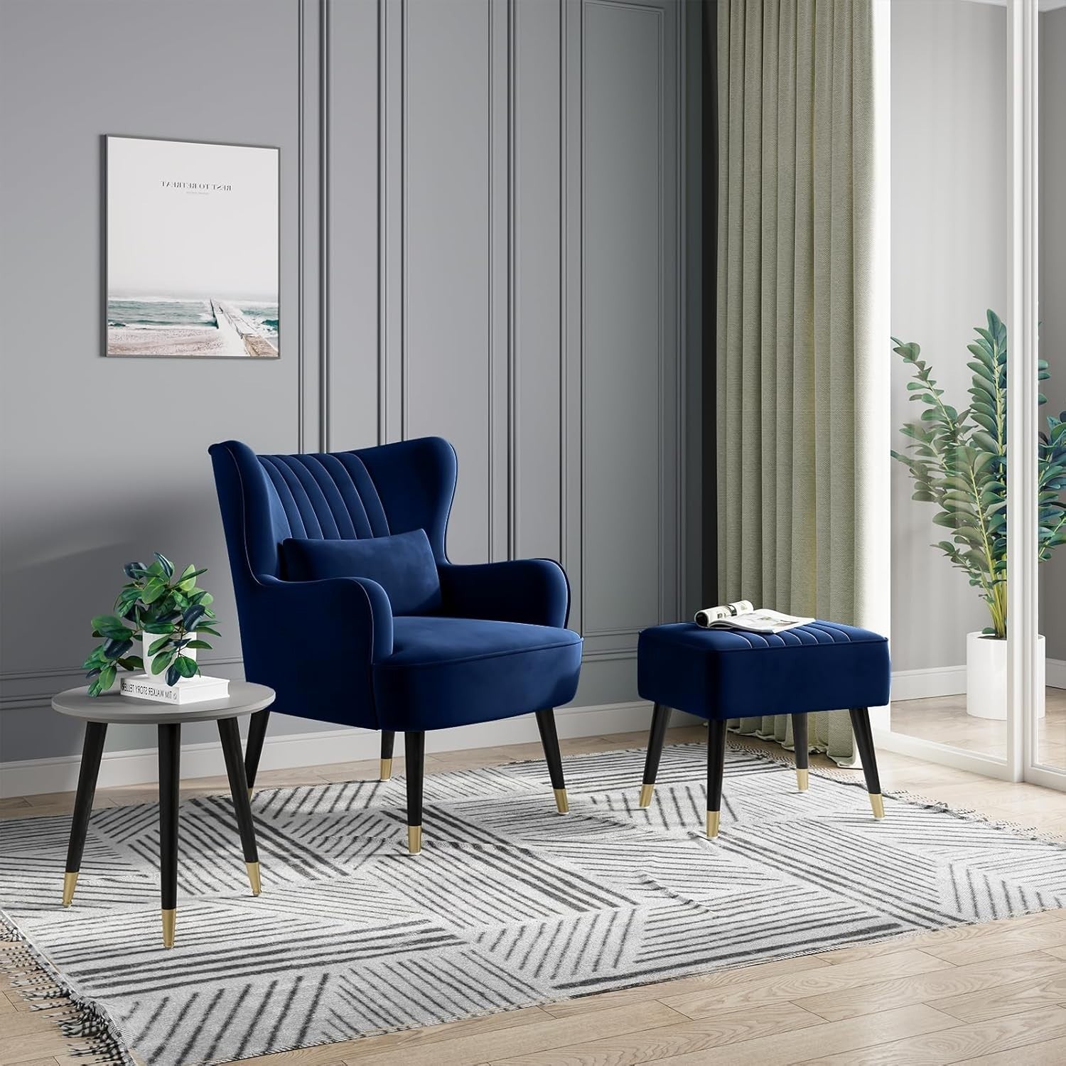 Velvet Armchair with Ottoman & Lumbar Pillow | Modern Lounge Chair Set