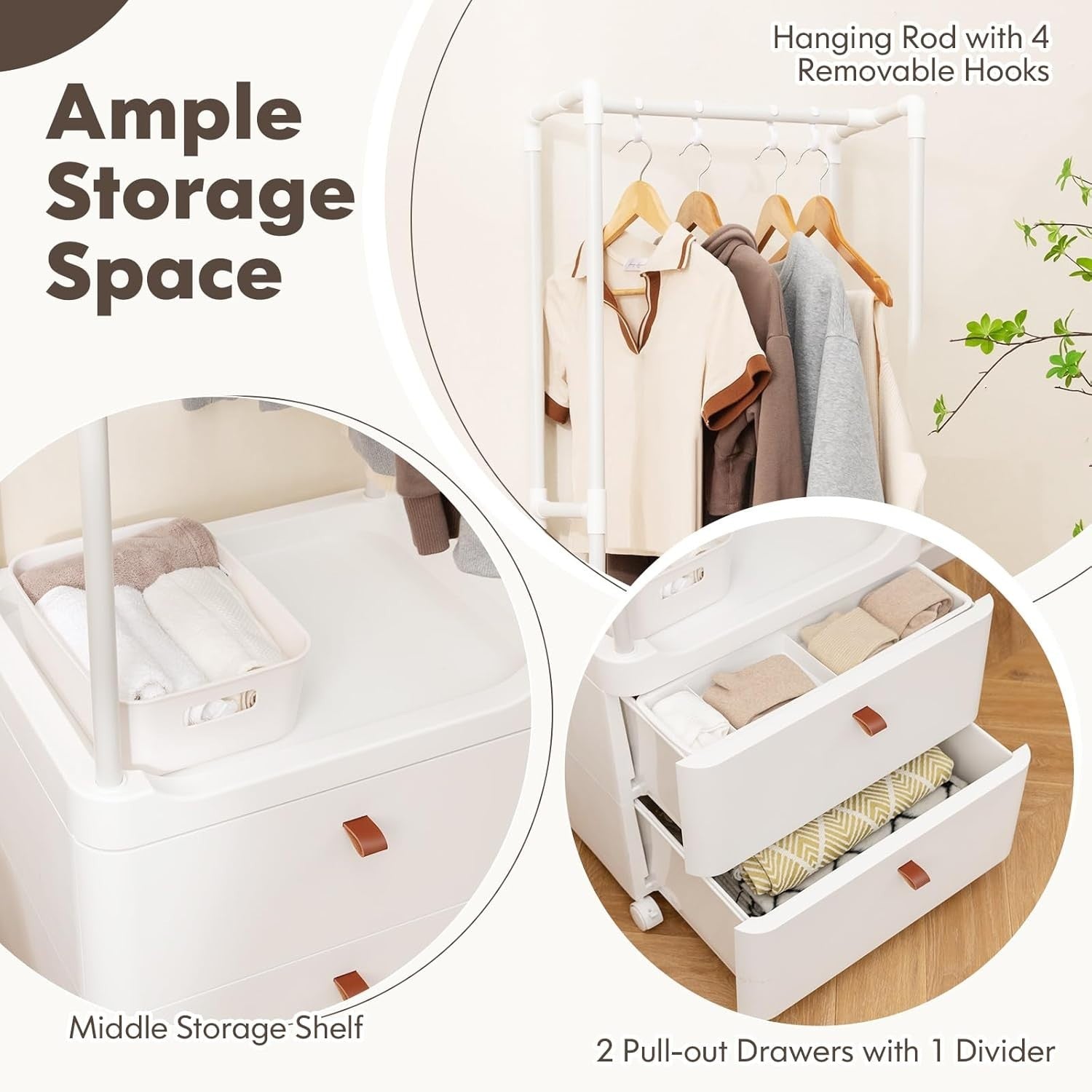 White Clothes Rail with Wheels Drawers & Hooks 160cm