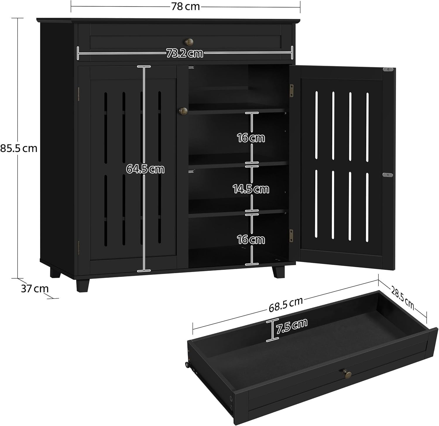 4-Tier Black Shoe Cabinet with Drawer & Adjustable Shelves – Space Saver