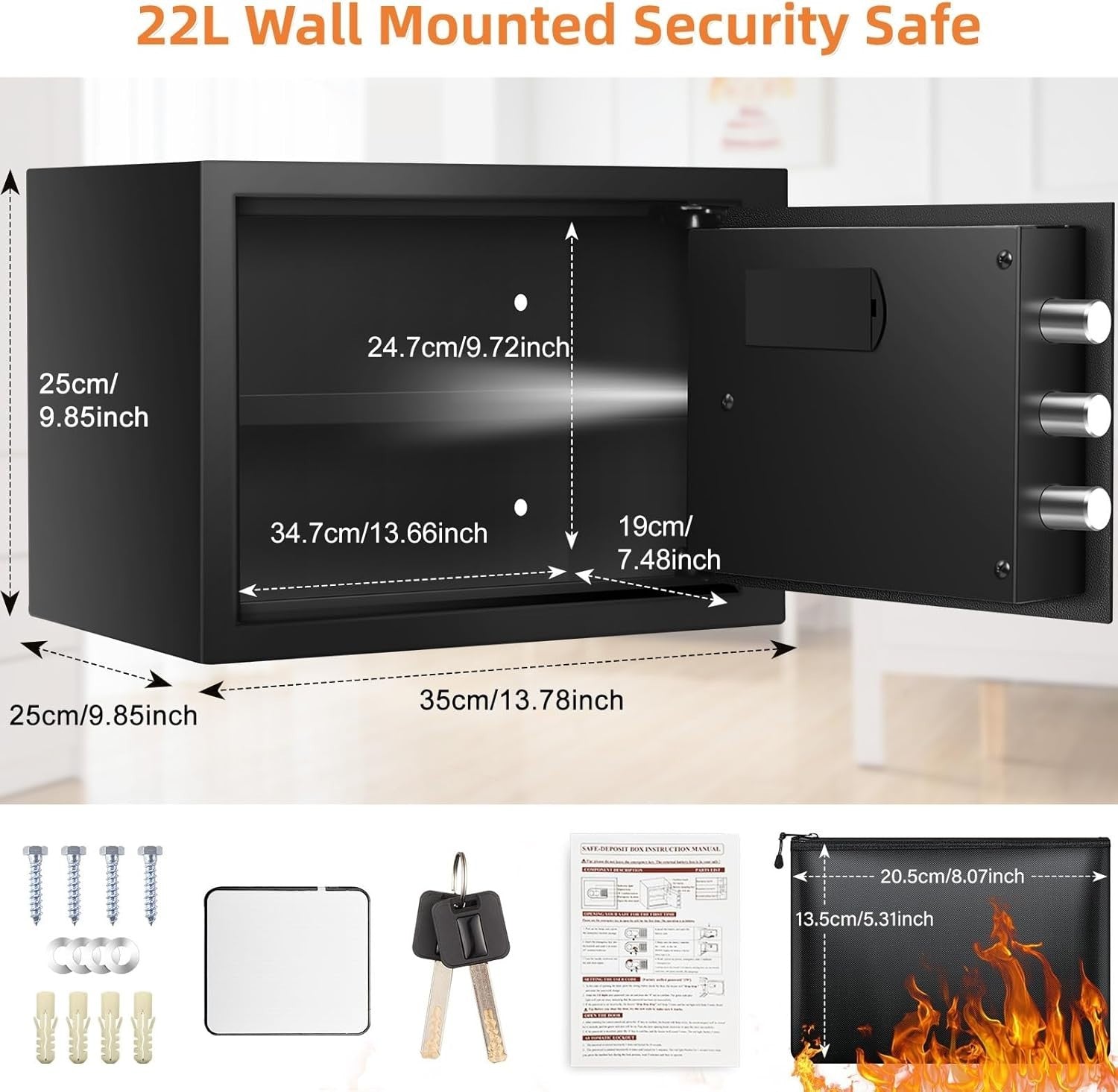 Fireproof Digital Safe Box 22L Anti Theft Cash Document Security