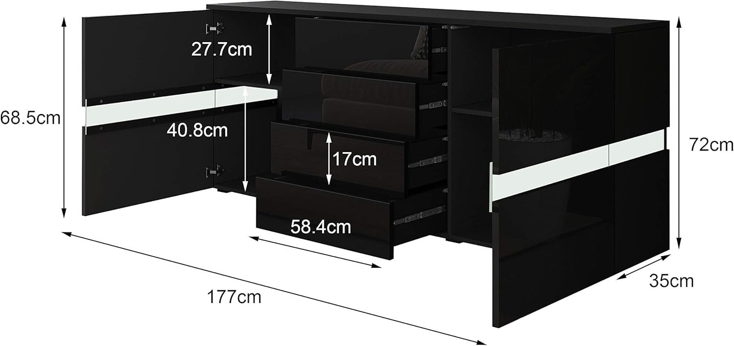 Black Gloss Sideboard LED 4 Drawers 2 Doors Cabinet 177cm TV Unit Modern