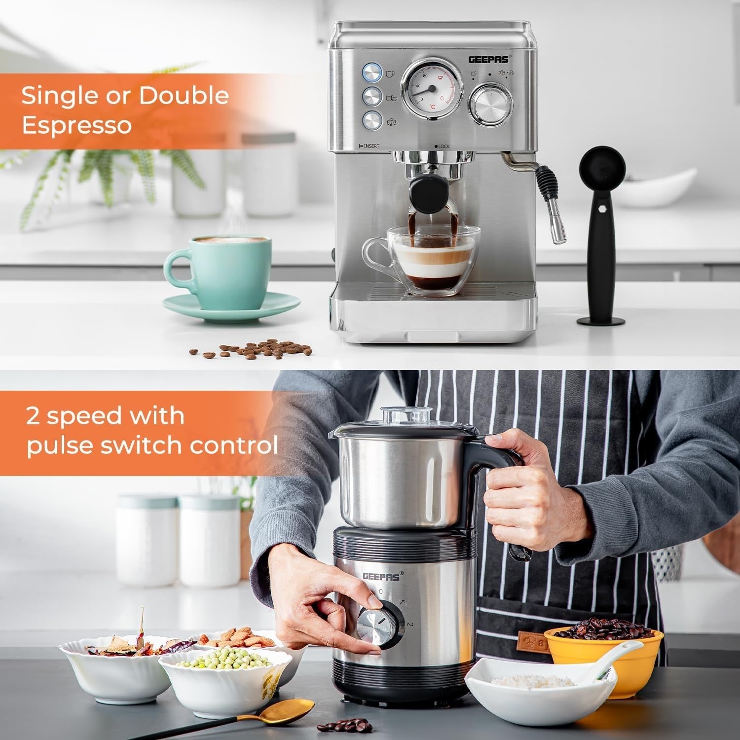 1140W Espresso Machine & 450W Grinder Set | 15-Bar Pressure | Milk Frother