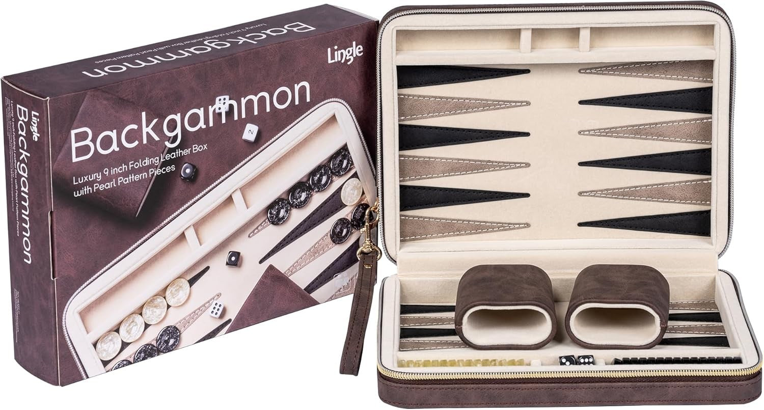 9.4 Inch Travel Backgammon Set Faux Leather Folding Board Portable