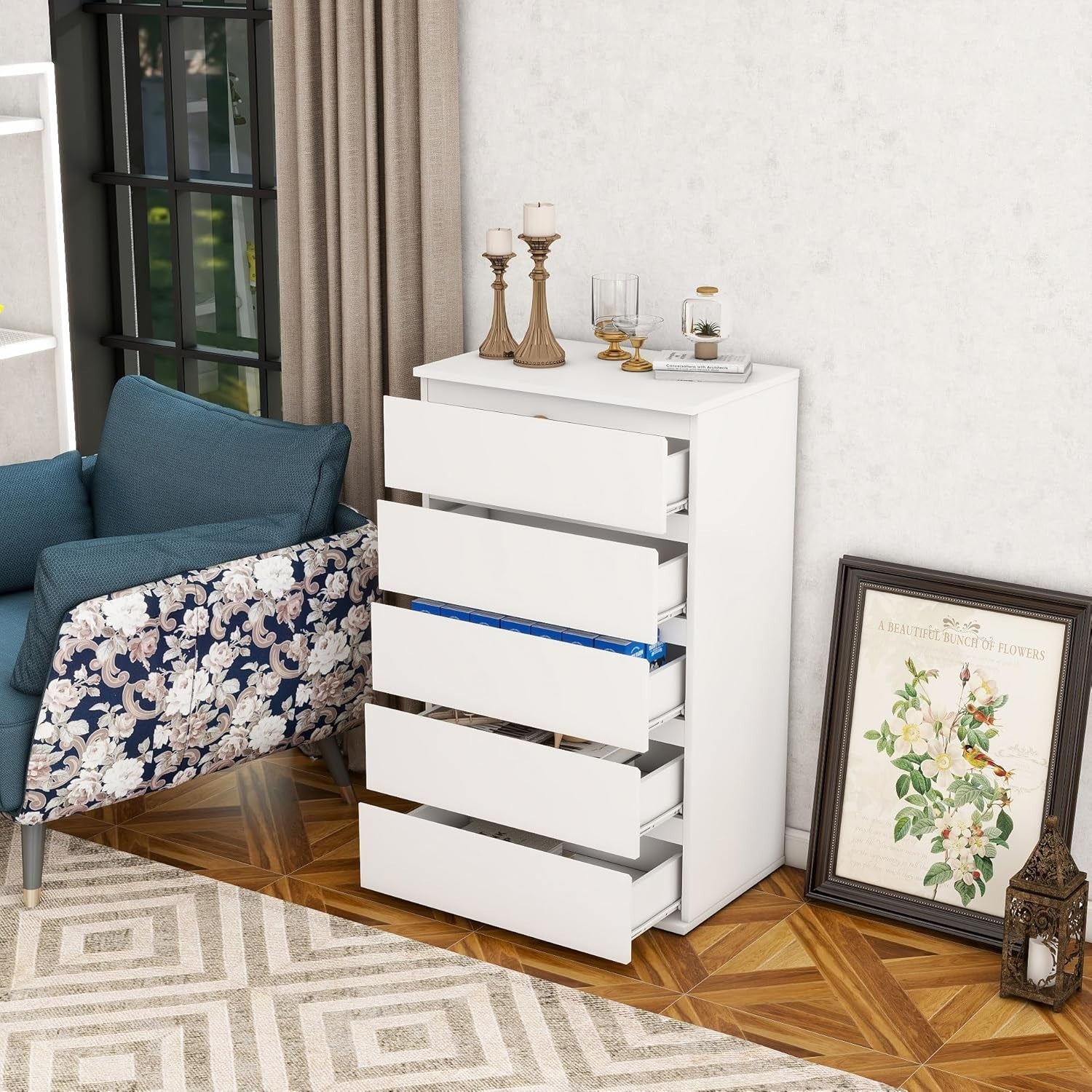 Modern White 5-Drawer Chest Organizer | Sleek No Handle Tall Dresser Uni5