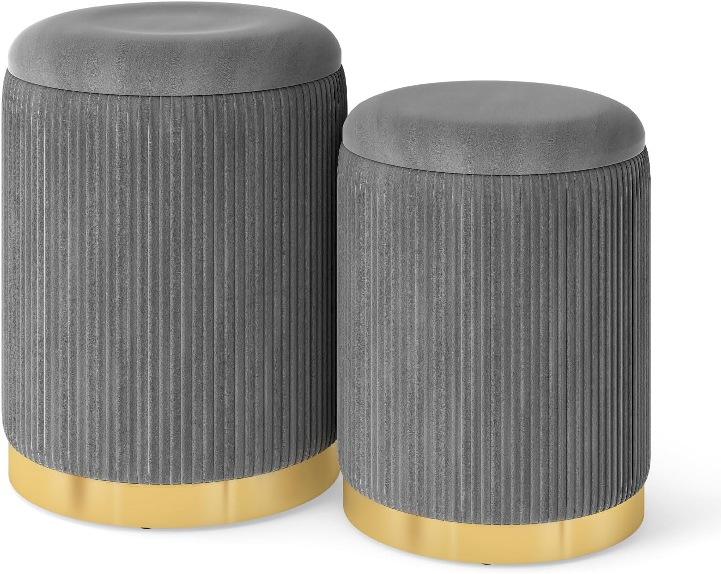 Grey Velvet Nesting Footstools Set of 2 Storage Ottomans Round Gold Base