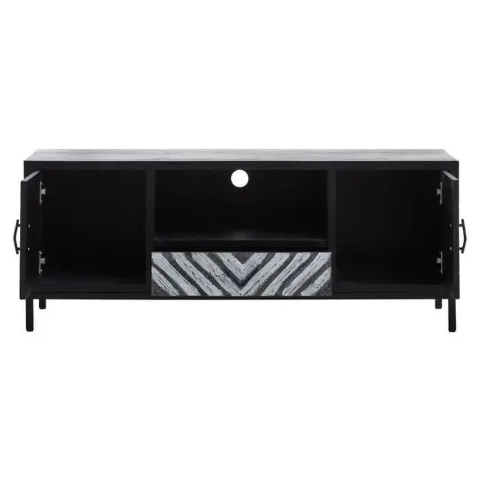 Black Geometric TV Unit Cabinet | Modern Boho Media Stand w/ Storage