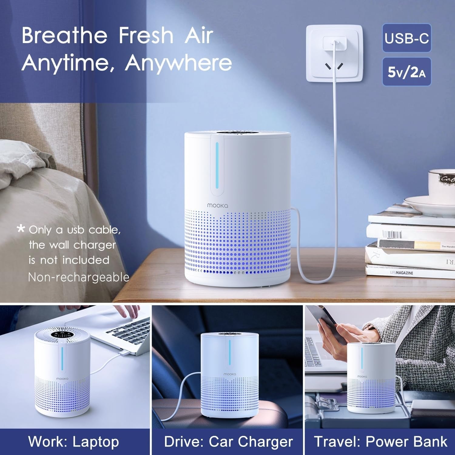 Portable HEPA Air Purifier USB Quiet 15dB Bedroom Desk Car