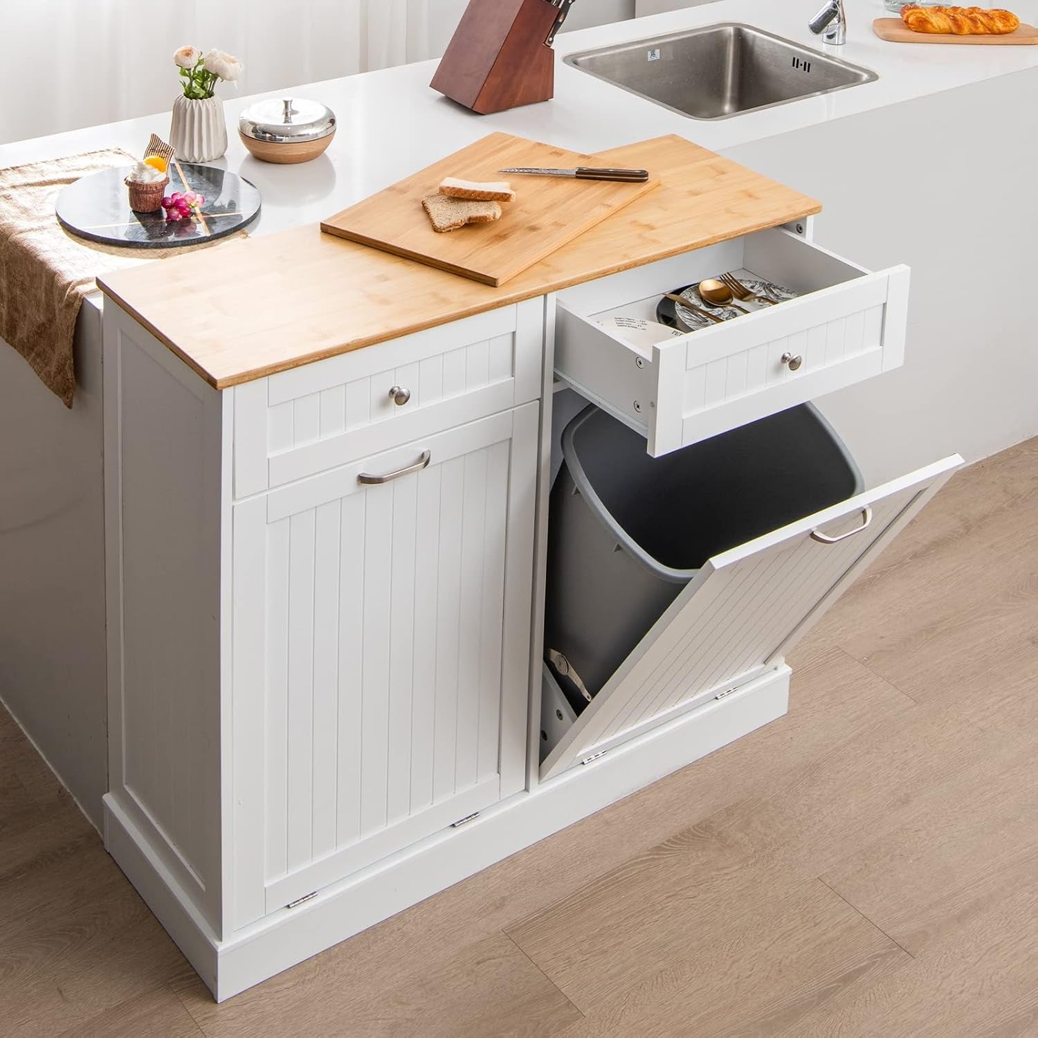 100L Tilt-Out Laundry Cabinet with Drawers & Bamboo Top – Freestanding Sideboard