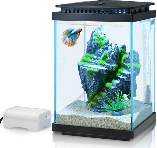 4L Mini Glass Fish Tank Starter Kit Black with LED Light, Air Pump & Accessories