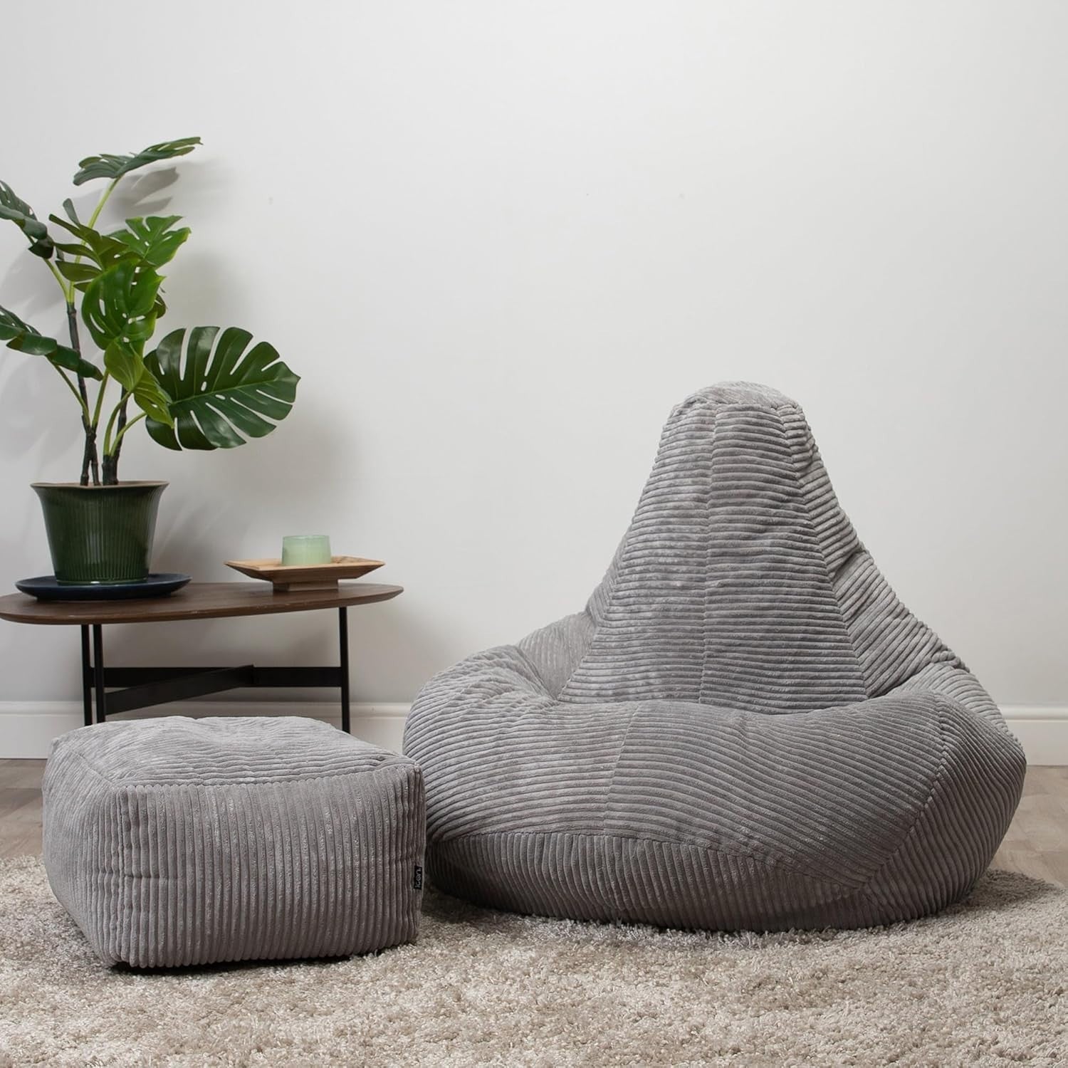 Grey Cord Recliner Bean Bag Chair w/ Footstool Set - Adult Lounge Seat
