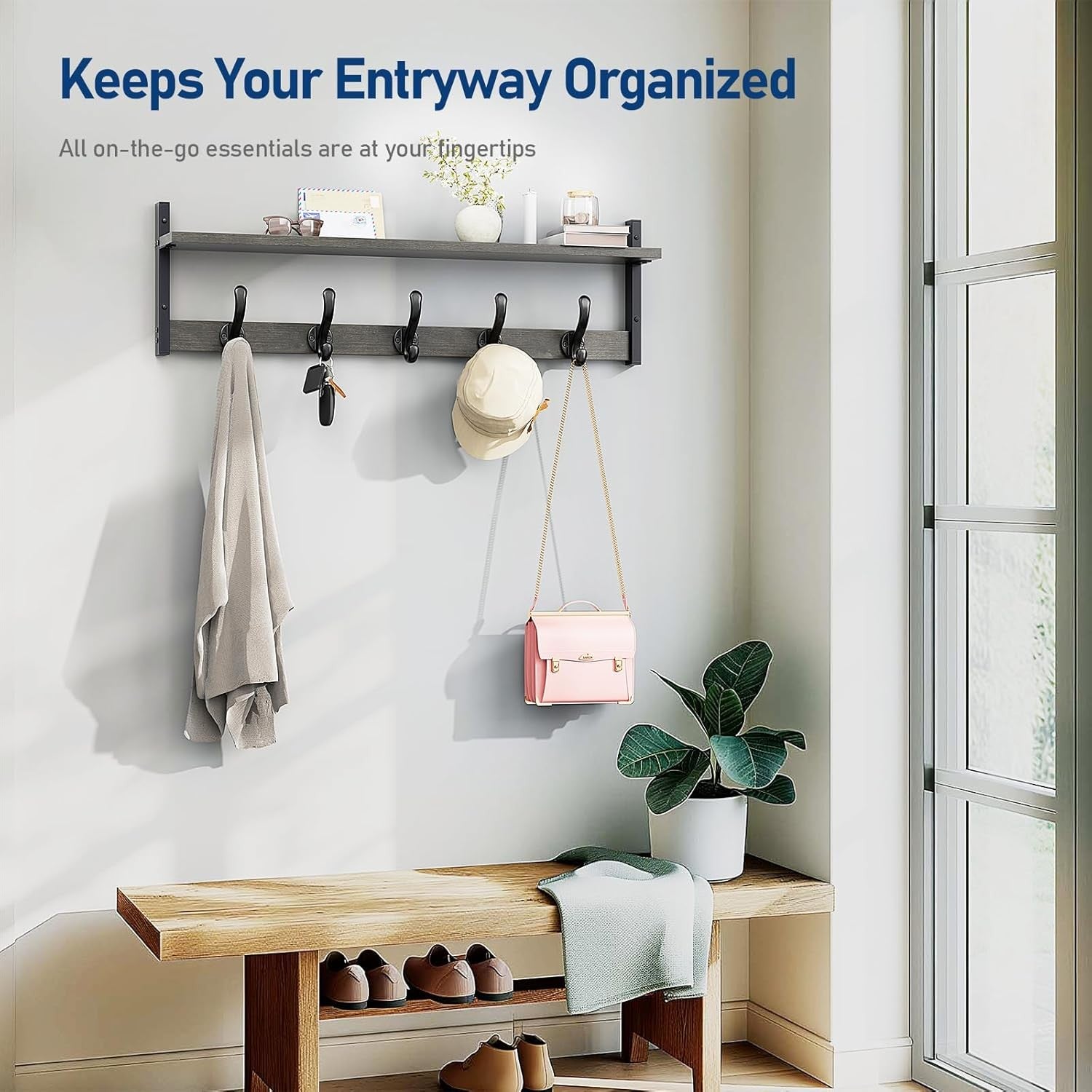 29” Rustic Dark Grey Wall Mounted Coat Rack with Shelf | 5 Hooks Entryway