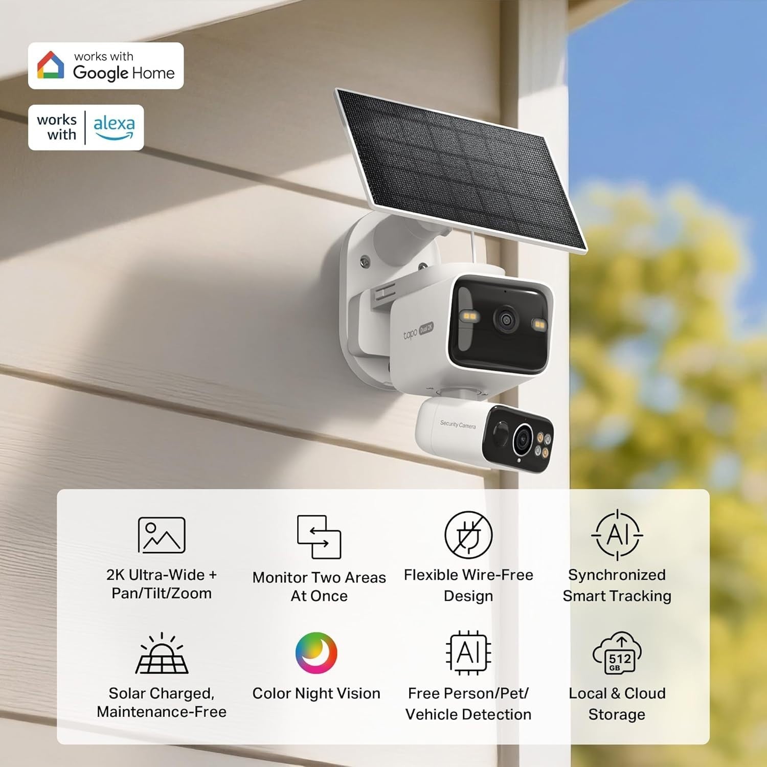 2K Dual Lens Solar Security Camera Outdoor Wireless PTZ AI Detection