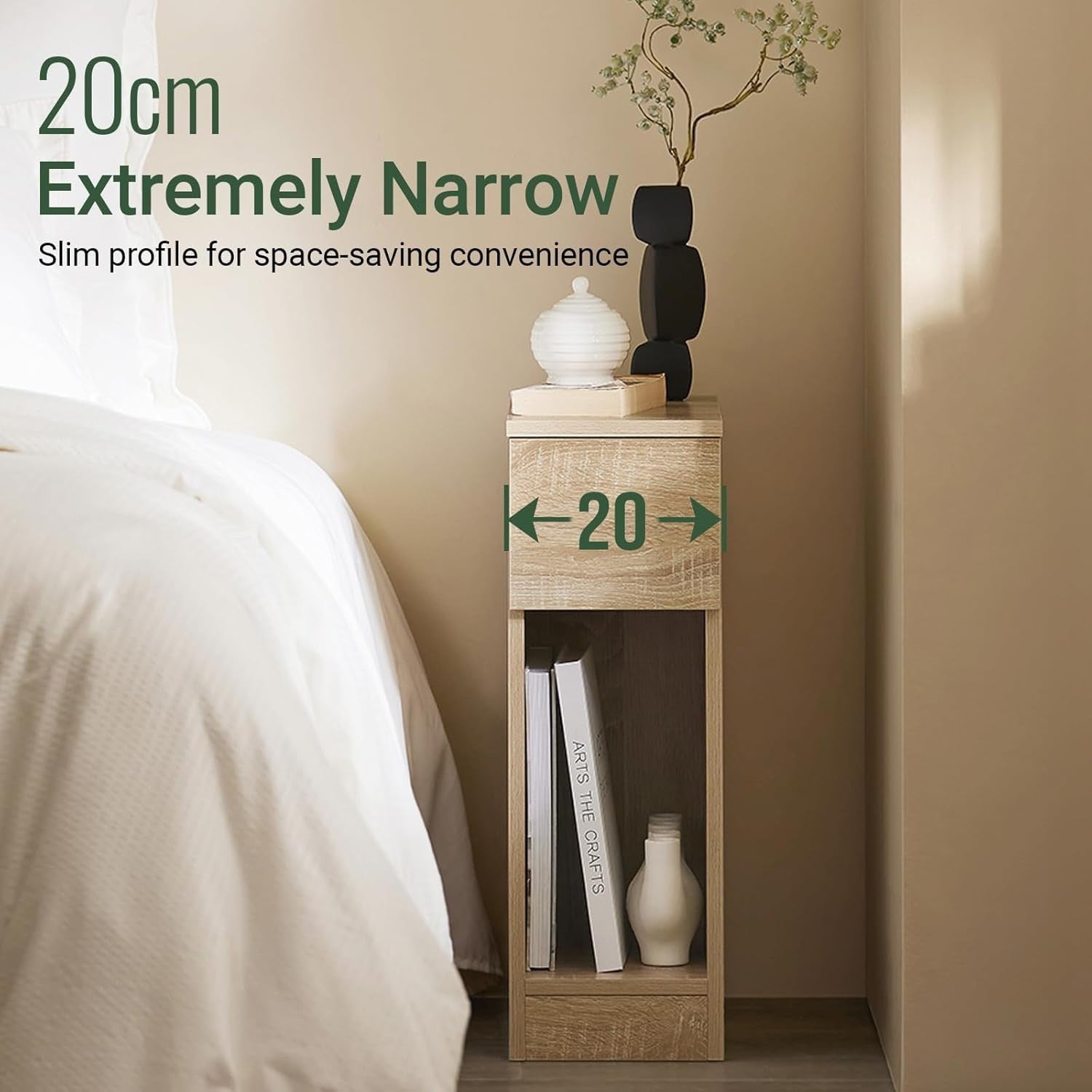 Set of 2 Oak Effect Slim Bedside Tables with Drawer & Shelf | Modern
