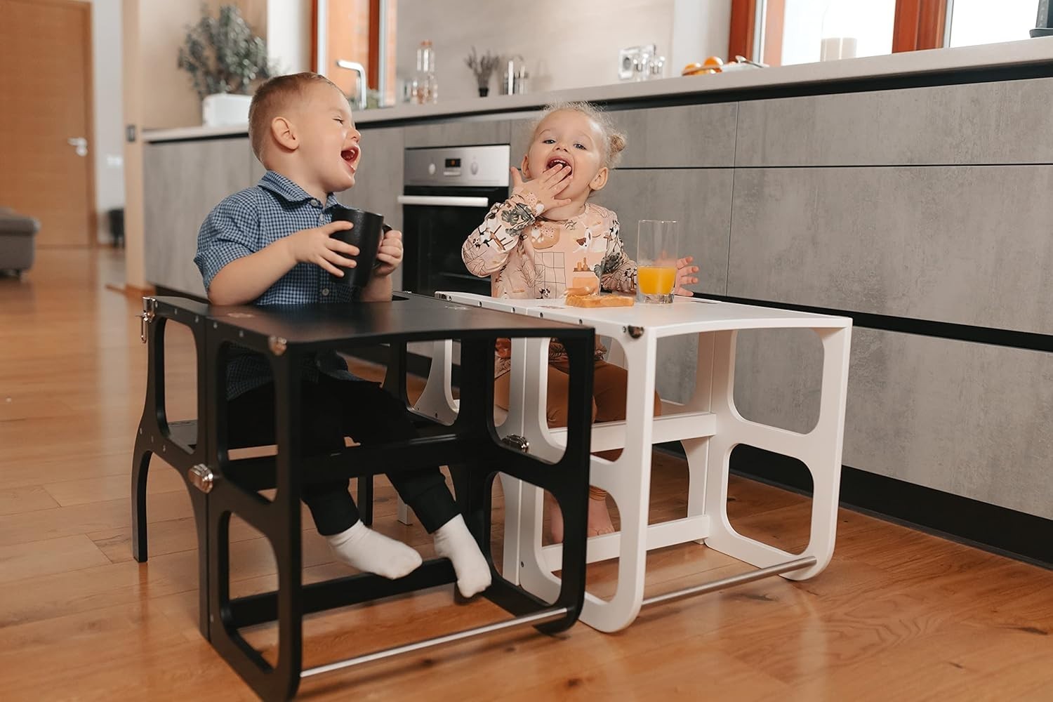 Montessori Learning Tower & Table 2-in-1 – Black Stool w/ Brass Clasps