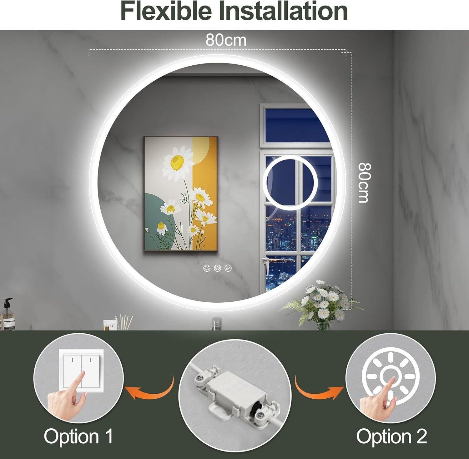 LED Bluetooth Bathroom Mirror 80x80cm with 5x Magnifier & Anti-Fog