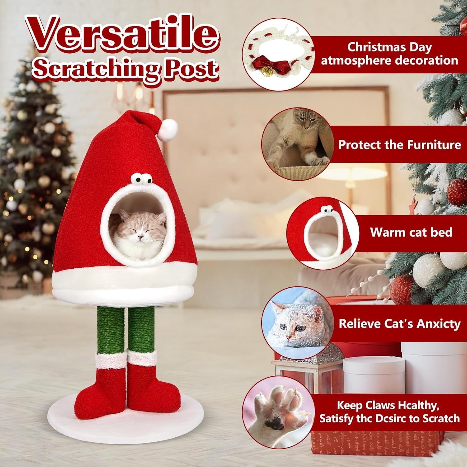Festive Cat Tree Scratching Post with Cozy Bed Indoor Climbing Tower