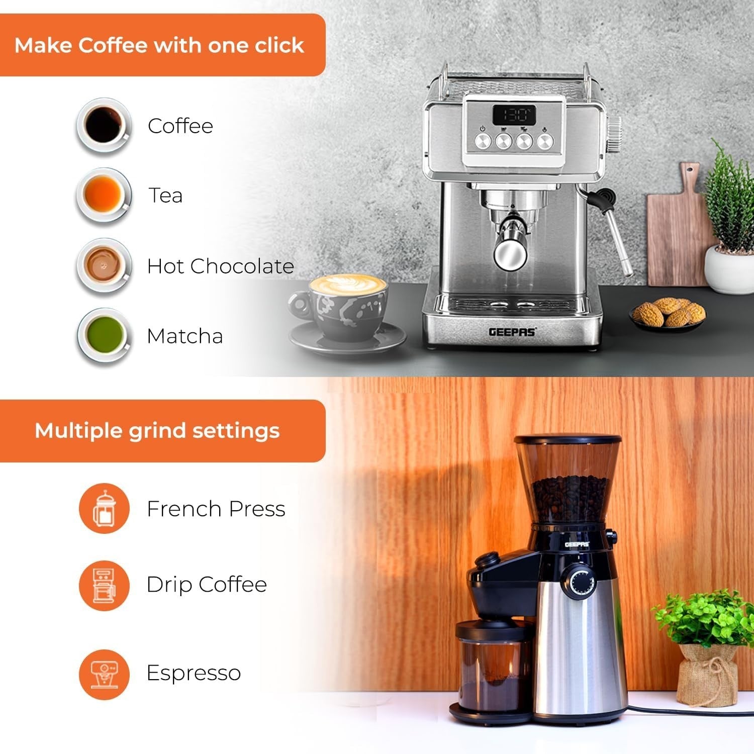 1465W Espresso Machine & Burr Coffee Grinder Set | 20-Bar Pressure