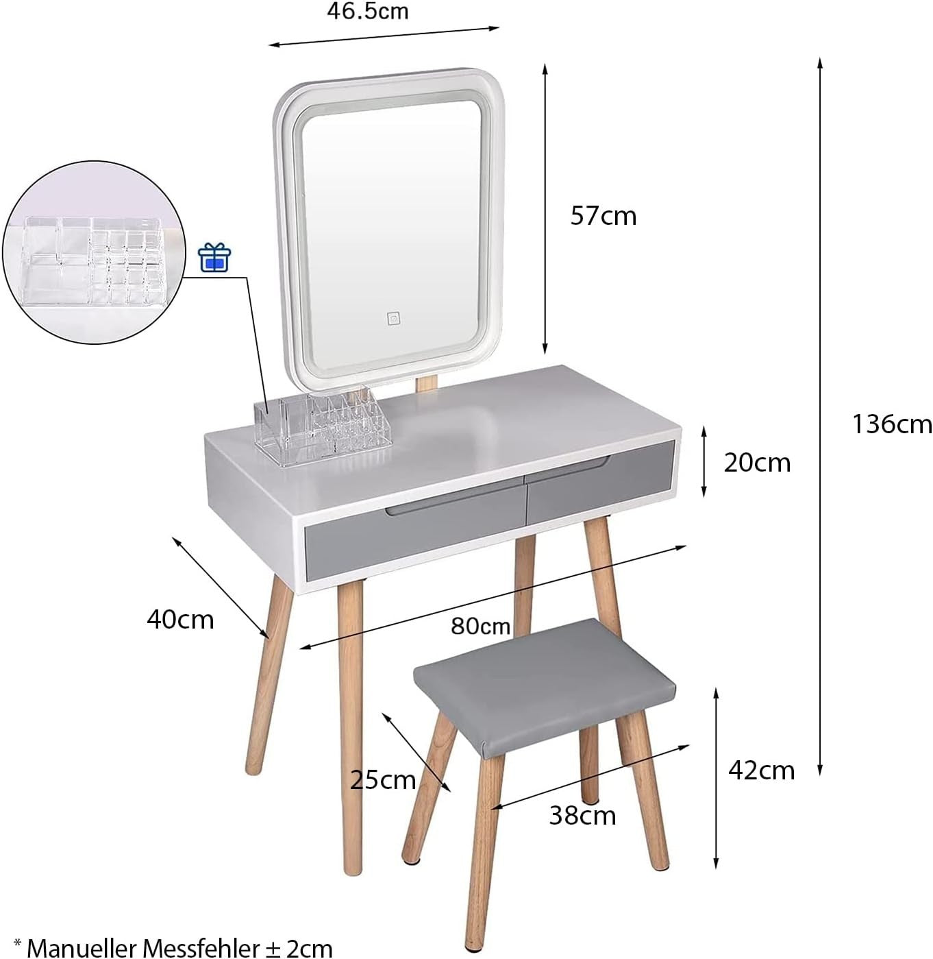 White Modern Vanity Makeup Table Set Dresser LED Lighted Mirror & Stool 2 Drawer