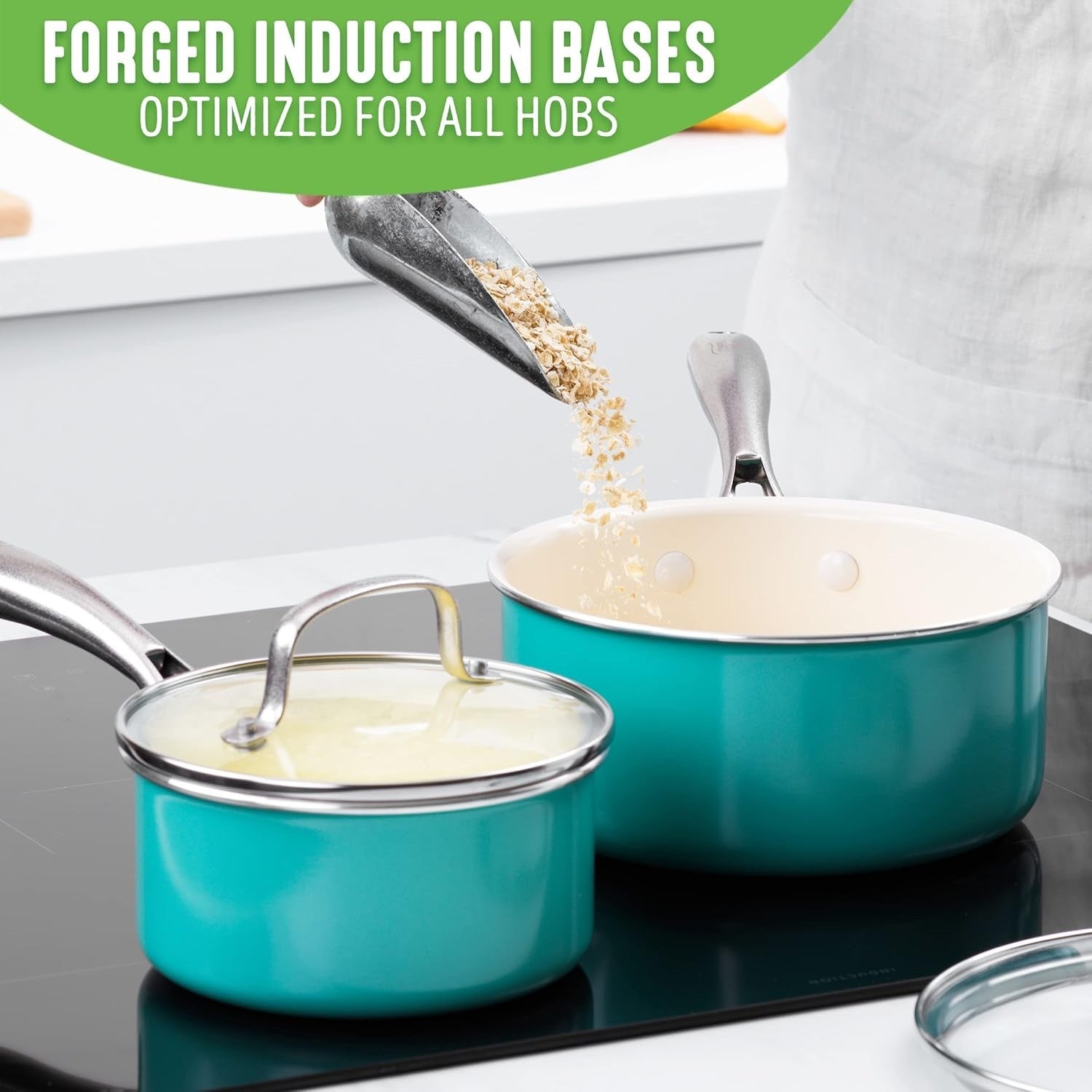2Pcs Turquoise Ceramic Saucepan Set Non Stick 14cm 18cm With Lids Induction Safe