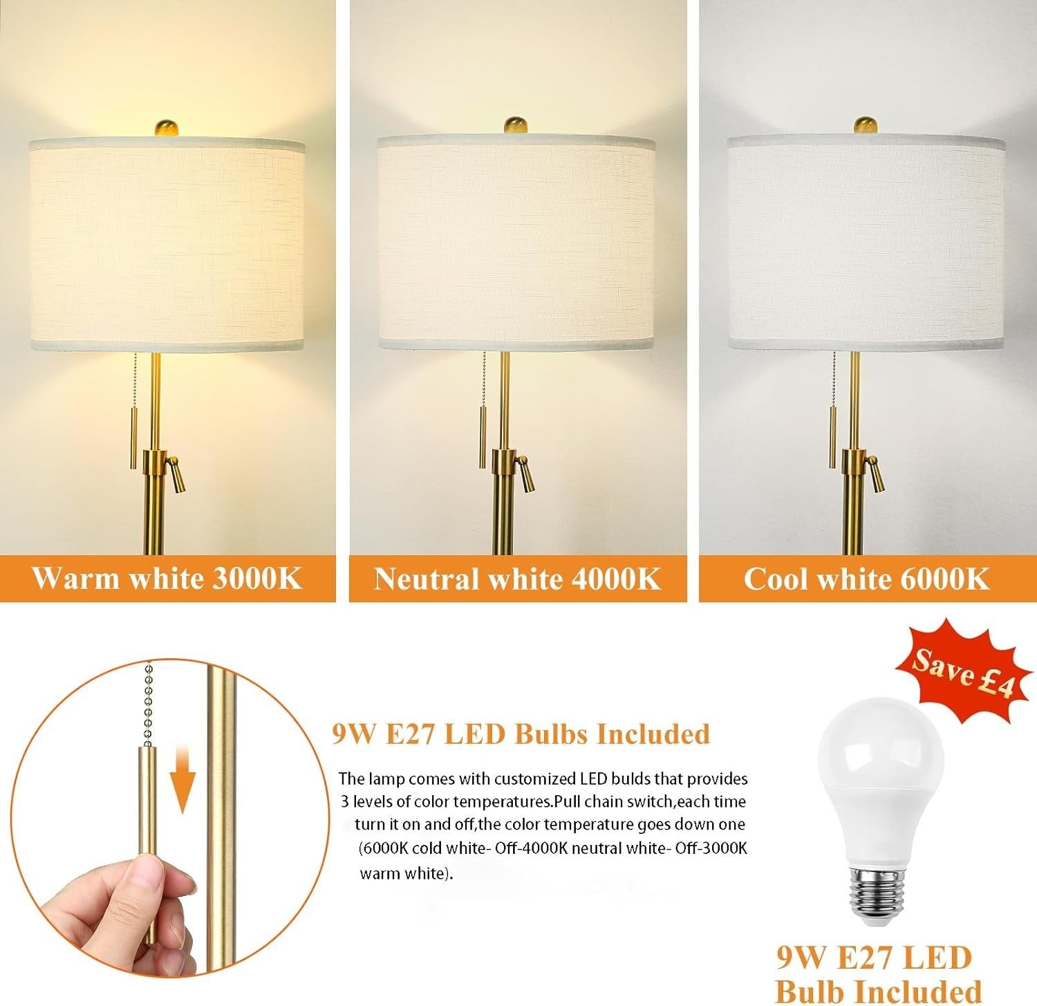Adjustable Modern Floor Lamp with Lampshade, 3 Color Temps & Remote