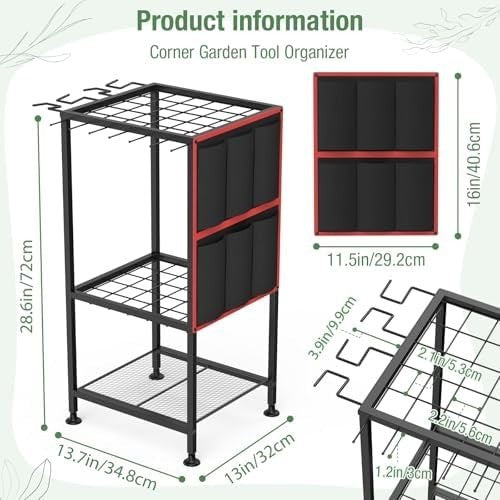 Corner Garden Tool Organizer Metal Rack with Side Pouch for Rakes Shovels