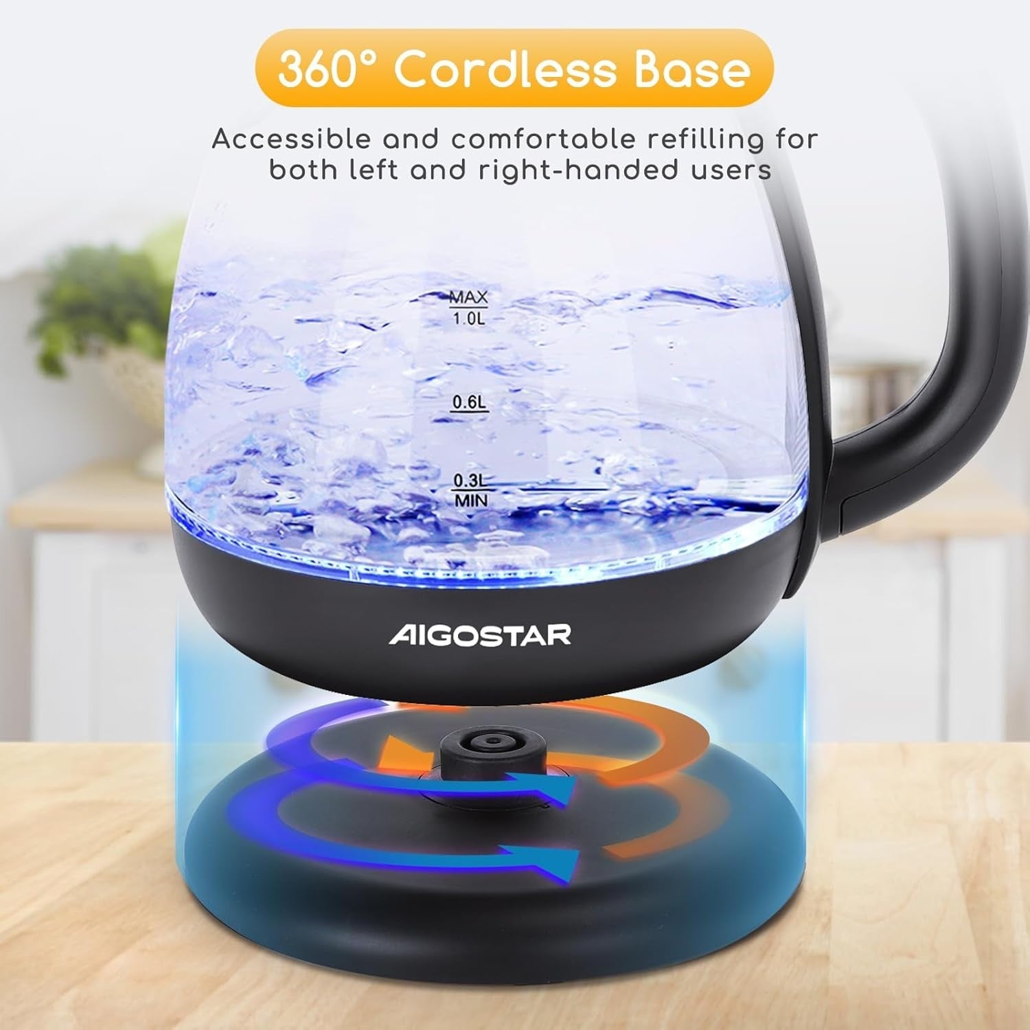 1L Black Glass Electric Kettle Fast Boil Cordless Auto Shut-Off Portable