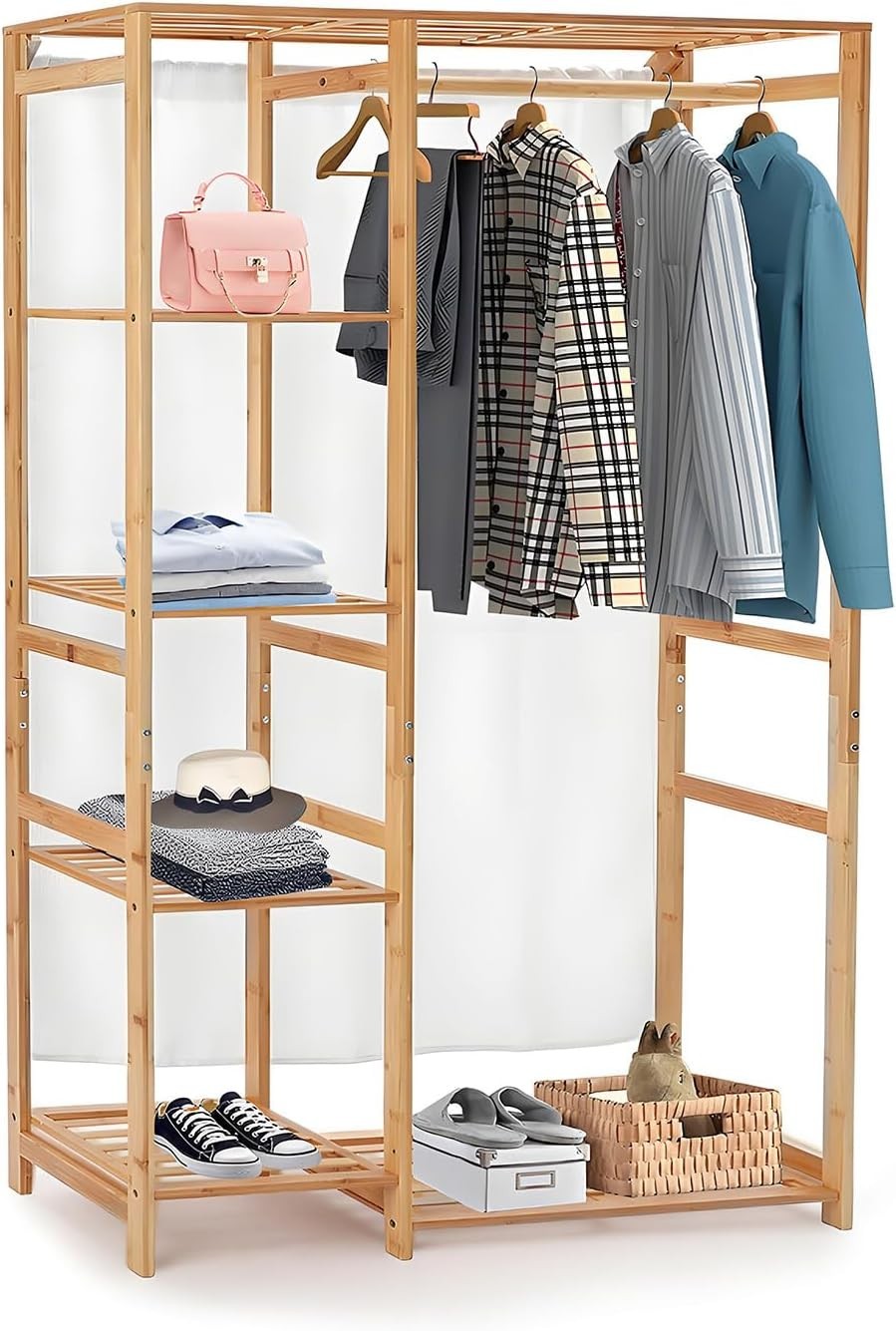 Bamboo Clothes Rail 147cm Garment Rack with 4 Shelves Open Wardrobe