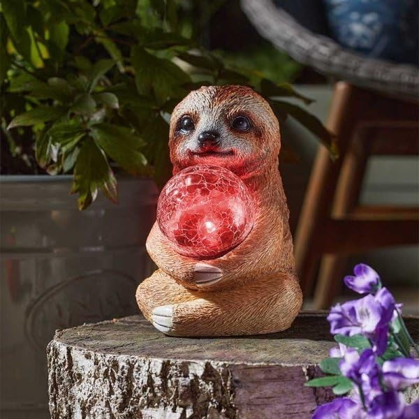 Solar Sloth Garden Ornament 37cm Crackle Ball LED Light Outdoor Patio Decor Gift
