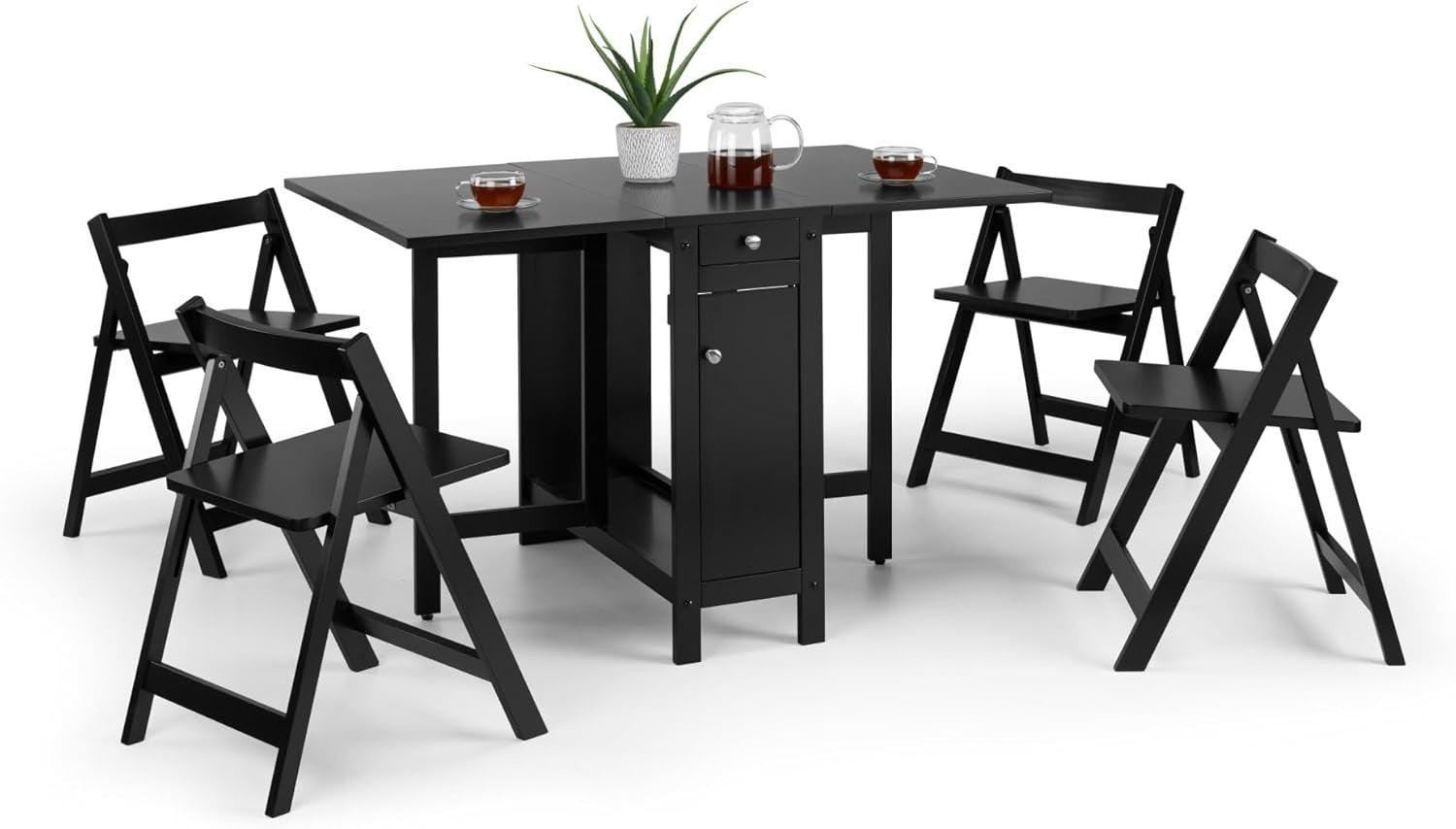 Compact Dining Table Set with Storage Drawer Foldable Chairs Black