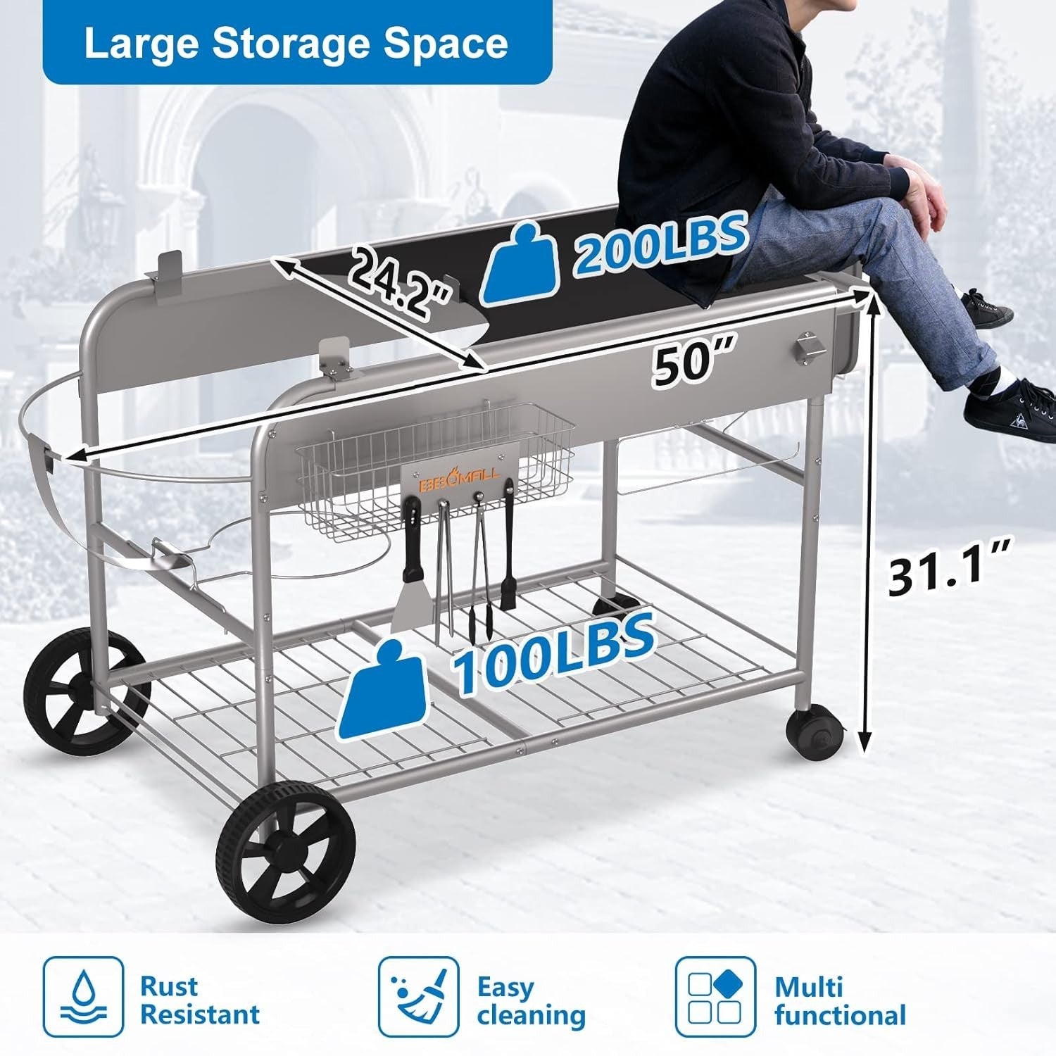 Outdoor BBQ Grill Table Prep Station Cart for Charcoal Kettle Grill with Storage