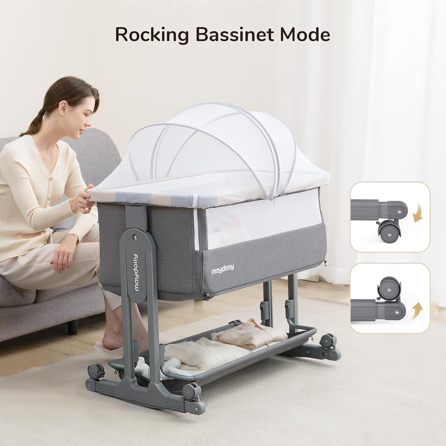 3in1 Baby Rocking Bassinet Bedside Crib Co-Sleeper Cot Breathable Mesh Grey