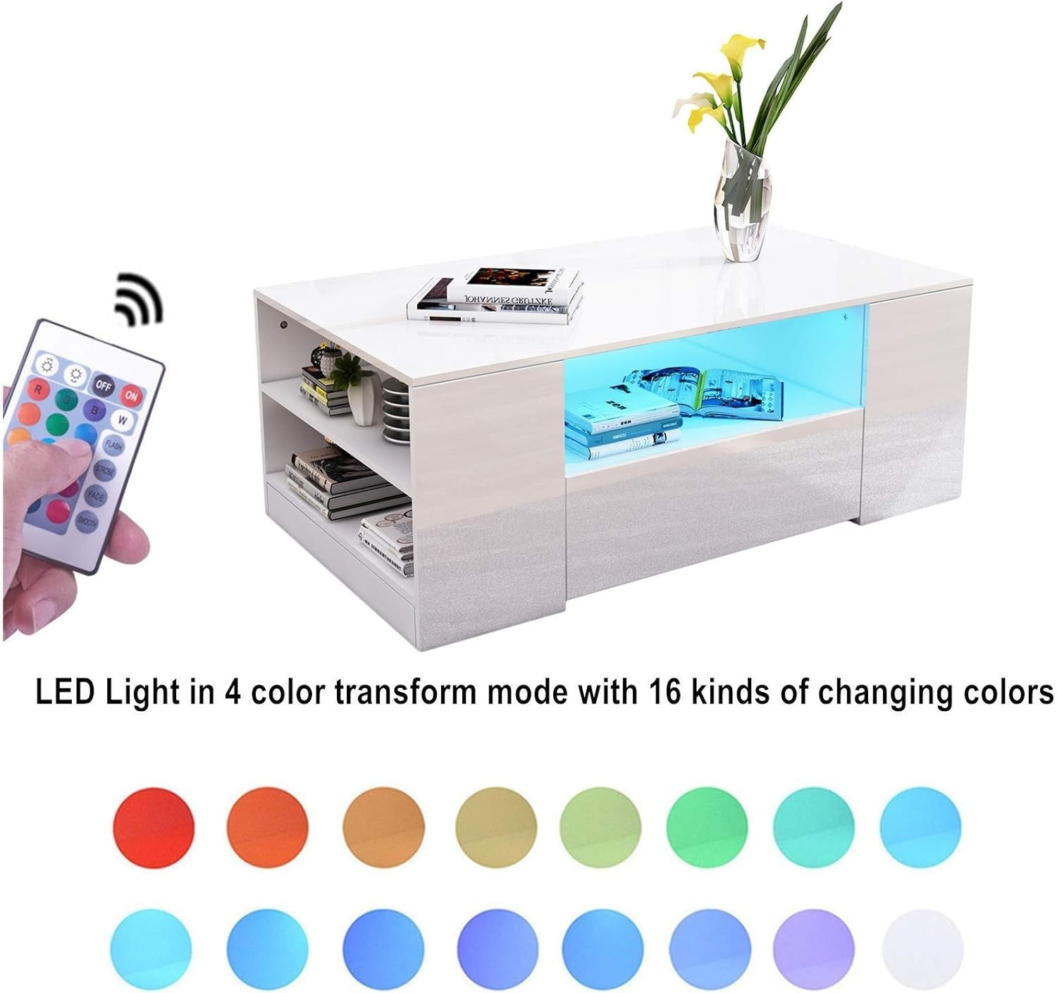 Modern White Gloss Coffee Table with LED Lights & Storage – 95x55x37cm