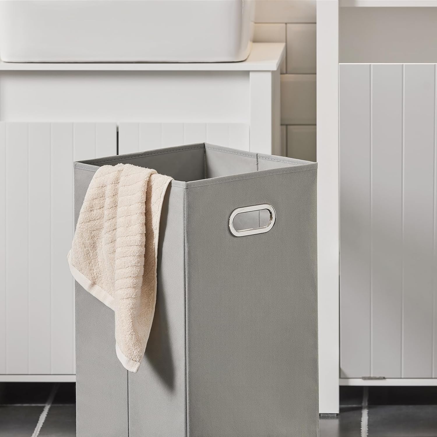 Bathroom Laundry Cabinet with Fold Out Basket Slim White Space Saving