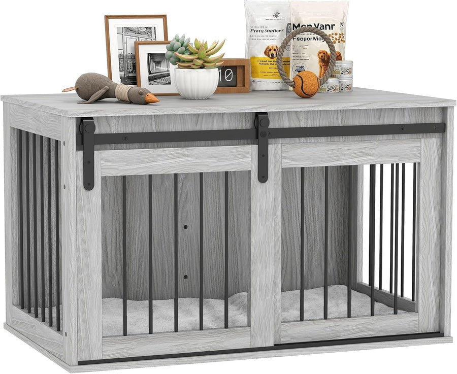 Large Indoor Dog Crate Table | Stylish Kennel w/ Cushion & Sliding Door