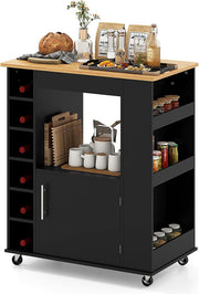 Kitchen Storage Trolley on Wheels Island Cart Bamboo Top Cabinet Wine Rack