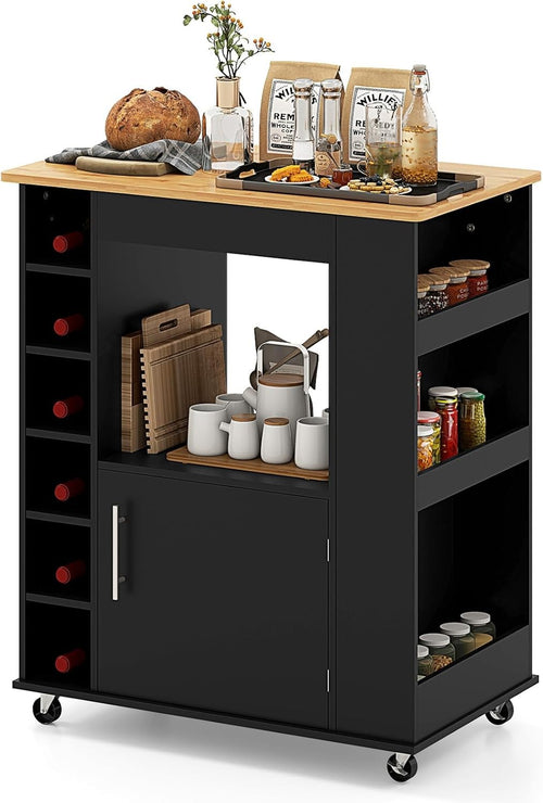 Kitchen Storage Trolley on Wheels Island Cart Bamboo Top Cabinet Wine Rack