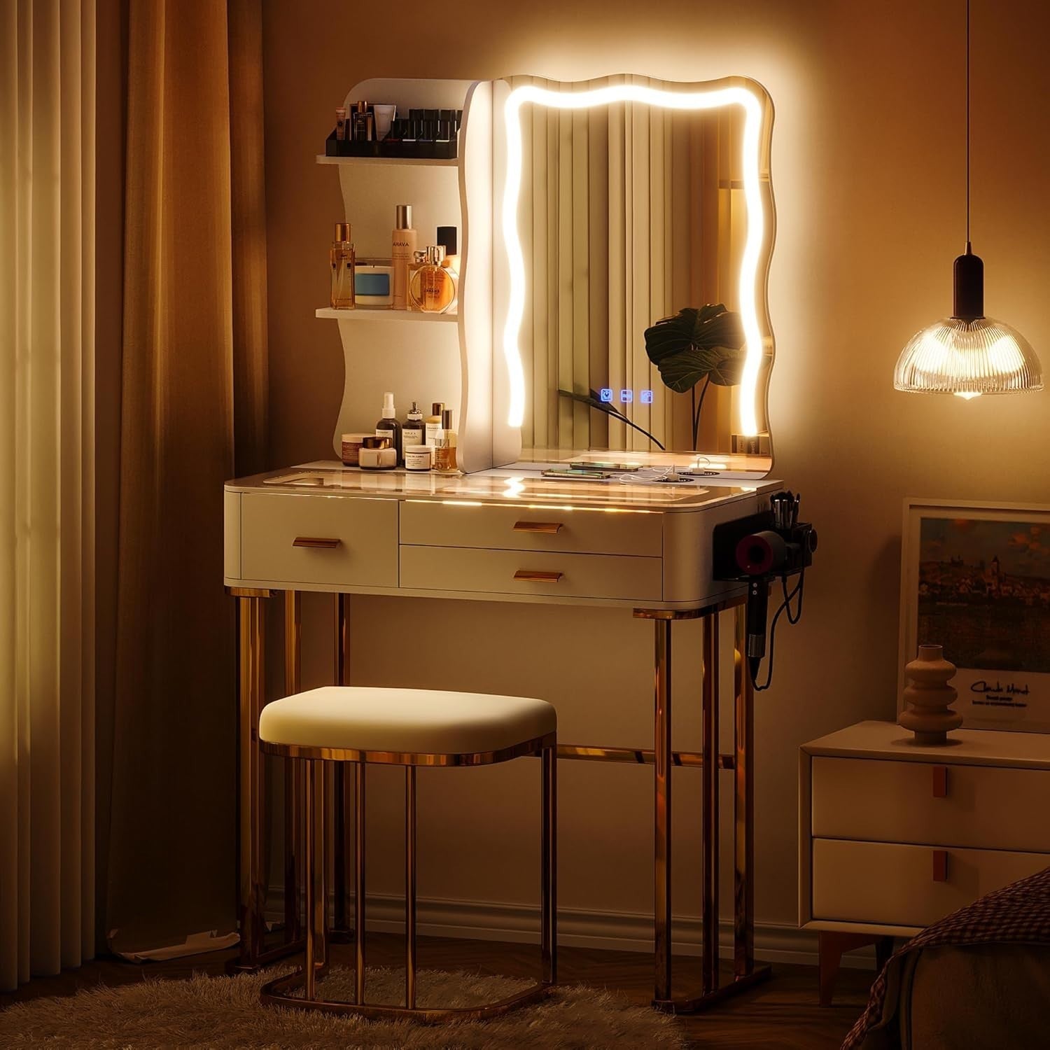 Elegant White Vanity Dressing Table RGB LED Mirror Wireless Charging 3 Drawers