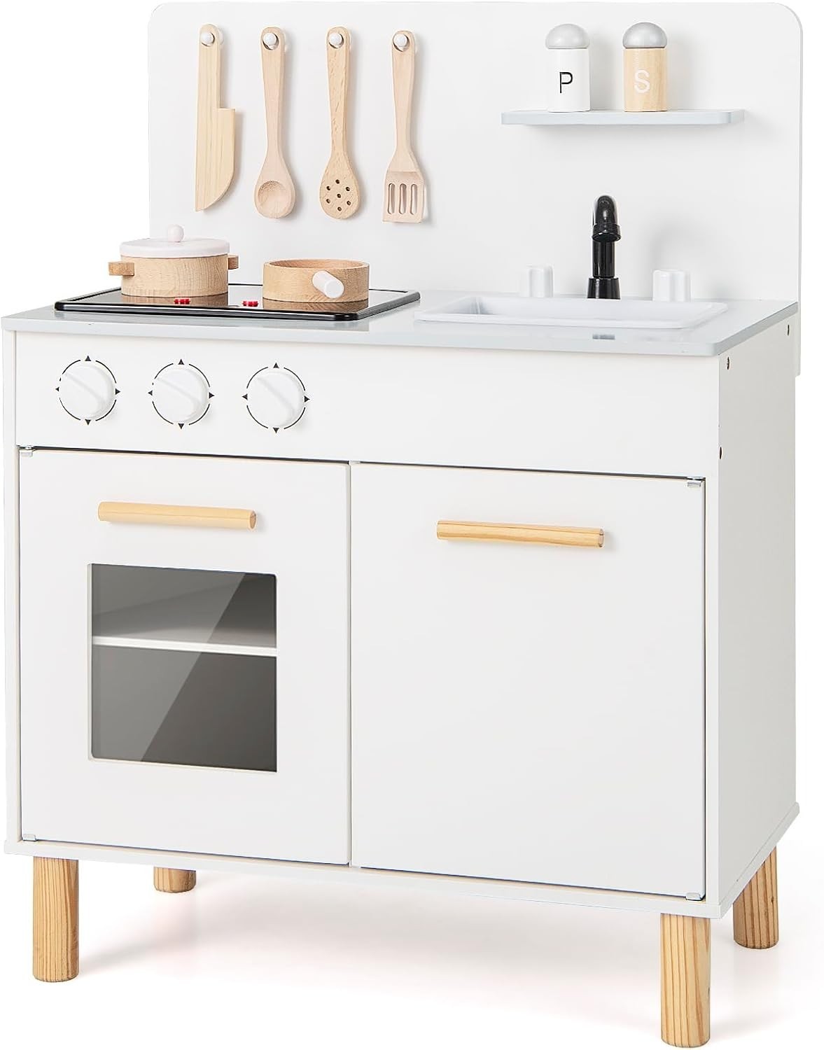 Wooden Kids Play Kitchen White Lights Sounds Oven Chef Toy Set