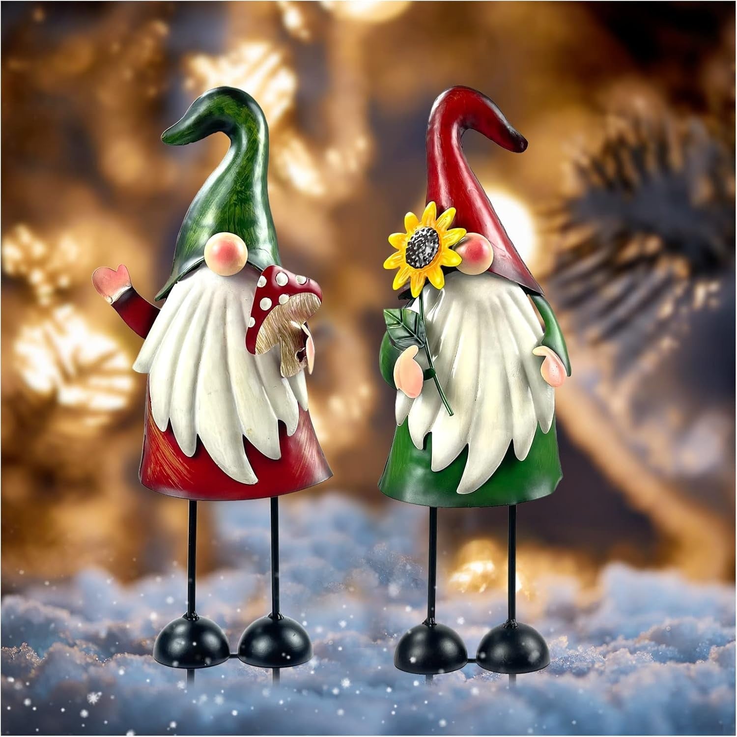 18" Metal Gnome Garden Ornaments Outdoor Xmas Decor Set of 2 Holiday Yard Statue