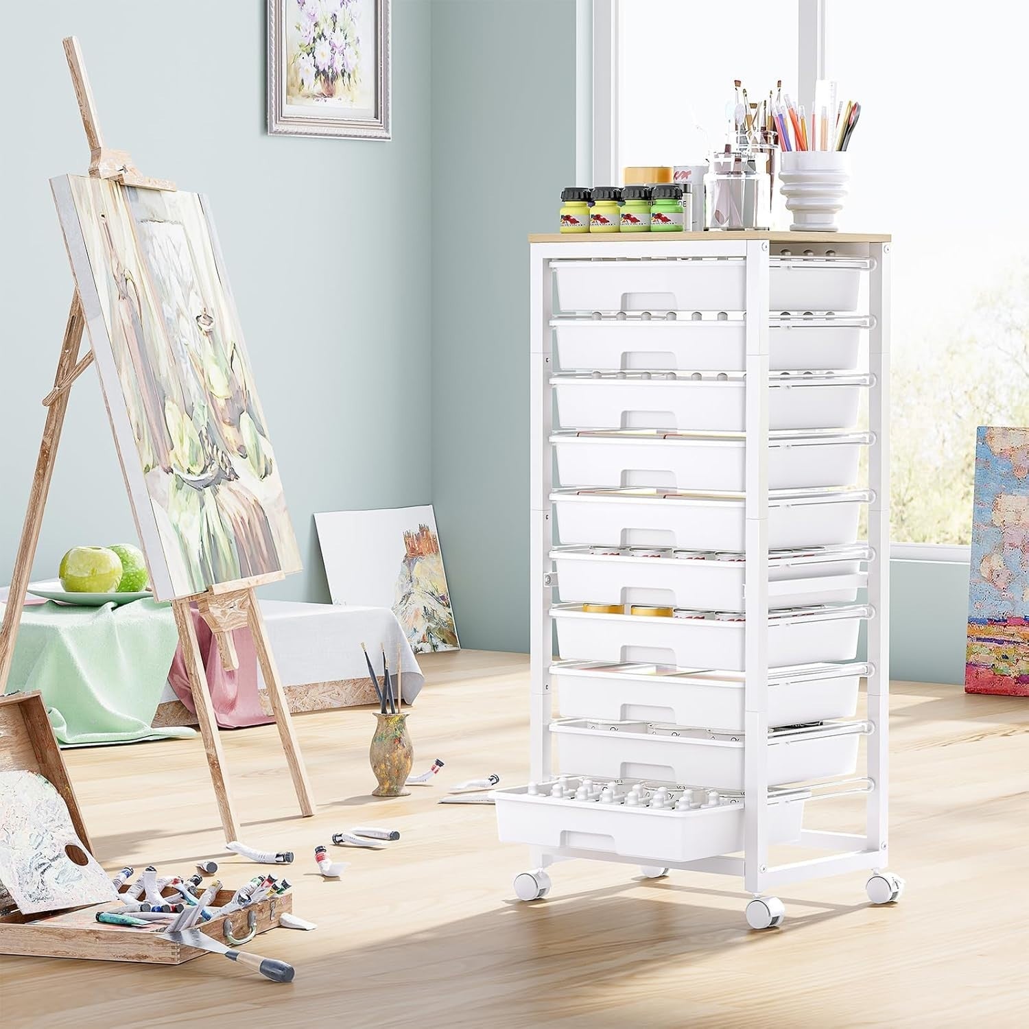 White 10 Drawer Rolling Storage Trolley Craft Organizer with Wooden Top