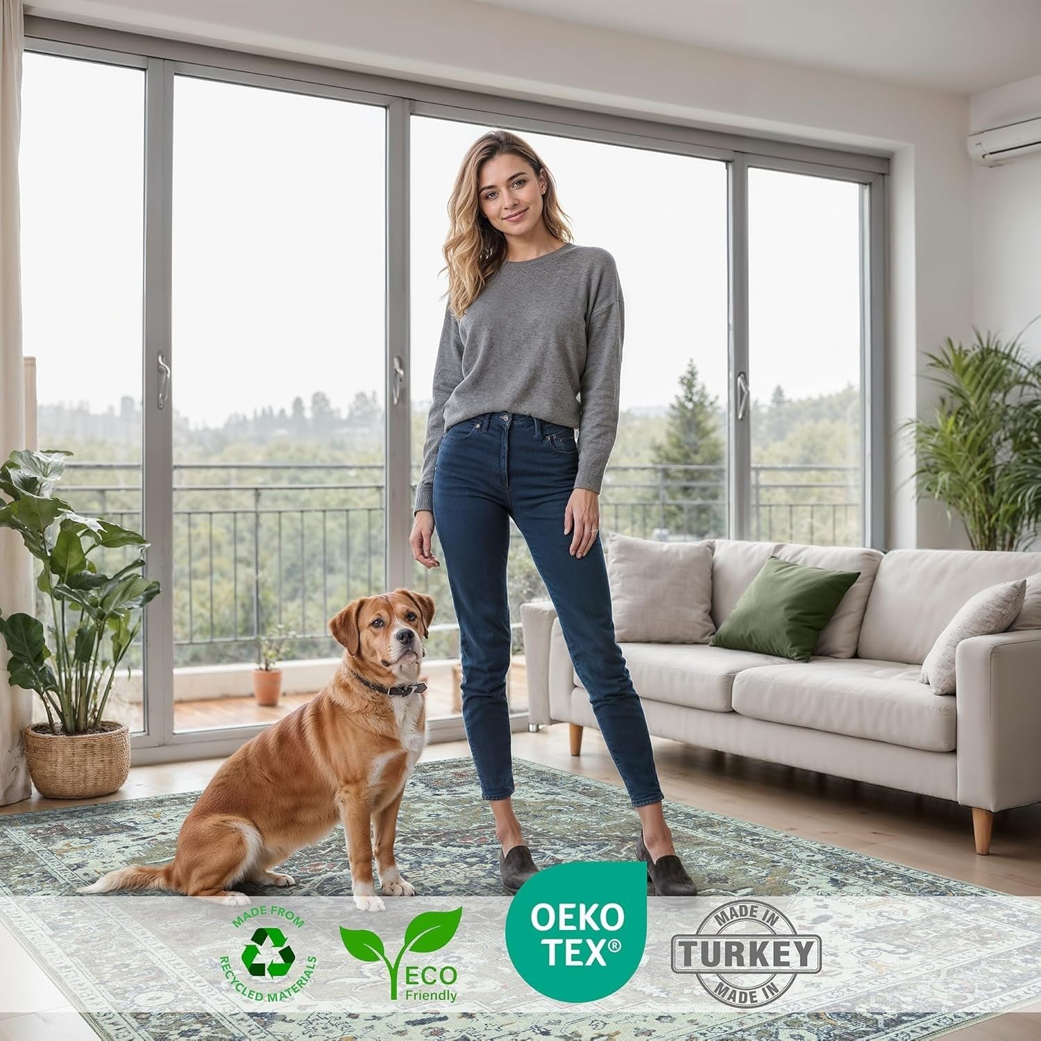 Washable Runner Rug 80x150cm Sage Green Non-Slip Soft Hallway Kitchen Bedroom