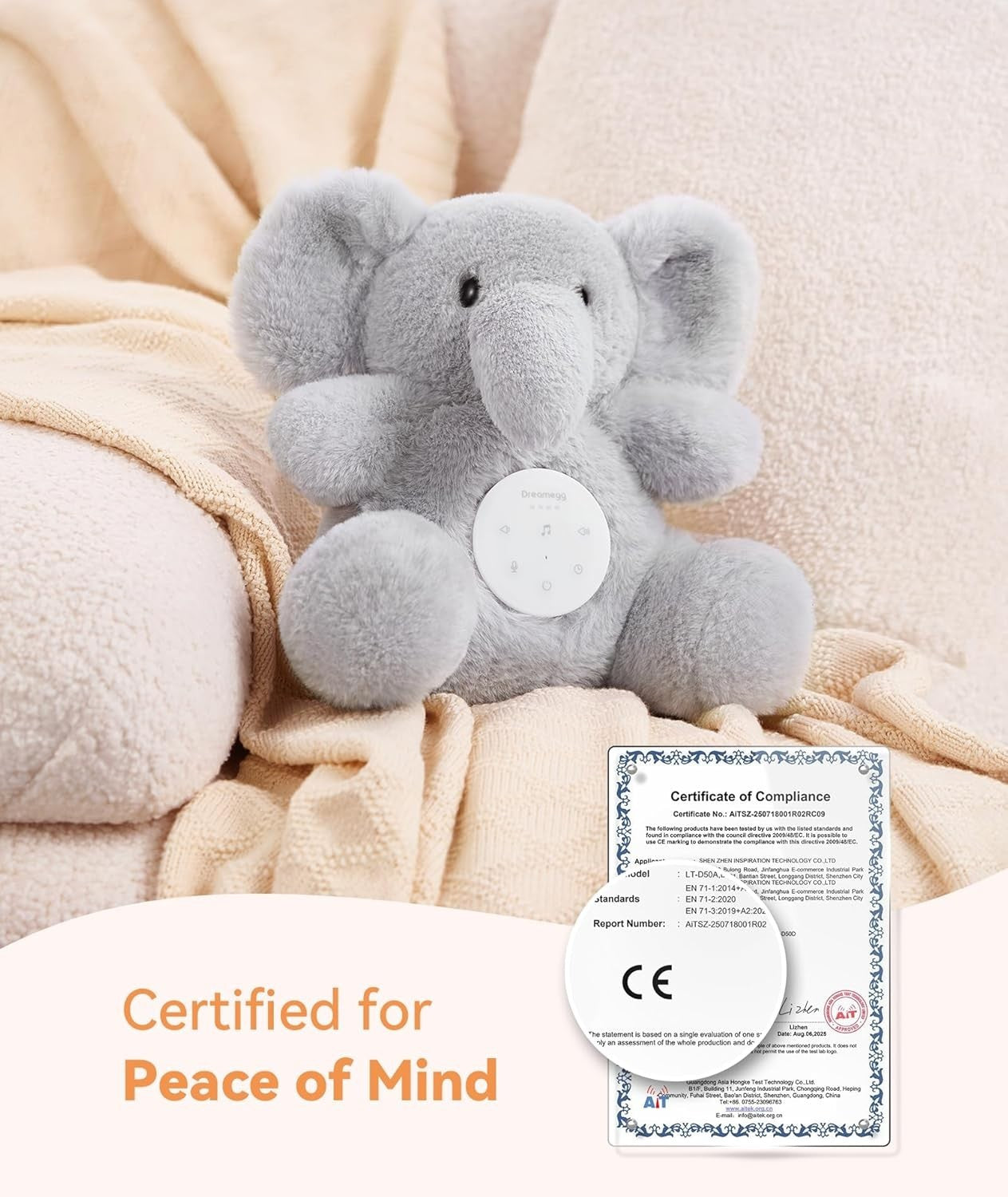 White Noise Machine for Baby – Elephant Plush, 21 Soothing Sounds, USB Rechargea